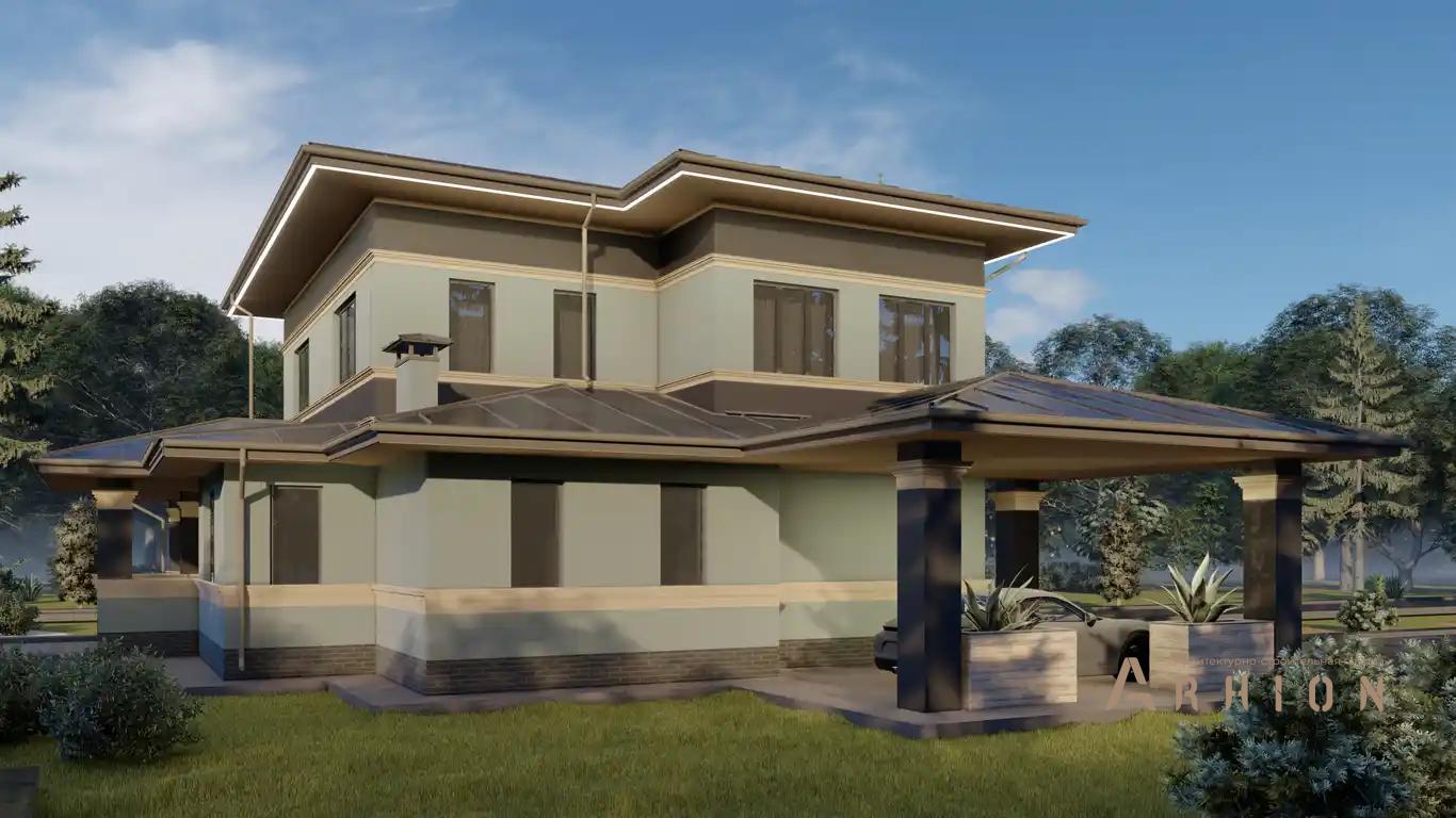 6. Проект двухэтажного дома в стиле Ллойда Райта (прерий) с многоскатной кровлей, H-1132, площадью - 200 кв c сауной, терассой, гаражом, эркером