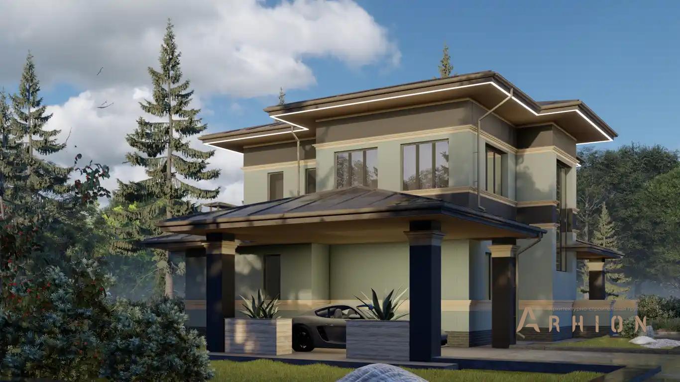 5. Проект двухэтажного дома в стиле Ллойда Райта (прерий) с многоскатной кровлей, H-1132, площадью - 200 кв c сауной, терассой, гаражом, эркером