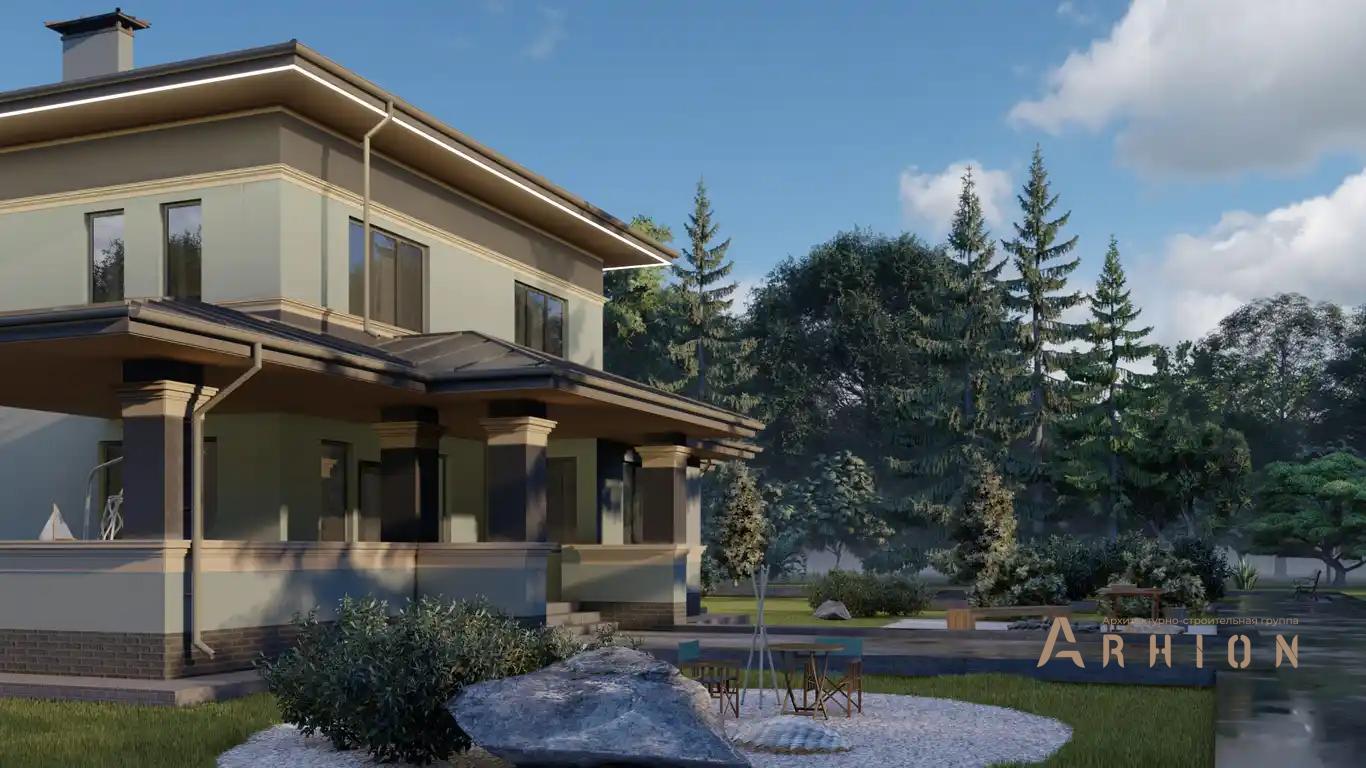 2. Проект двухэтажного дома в стиле Ллойда Райта (прерий) с многоскатной кровлей, H-1132, площадью - 200 кв c сауной, терассой, гаражом, эркером