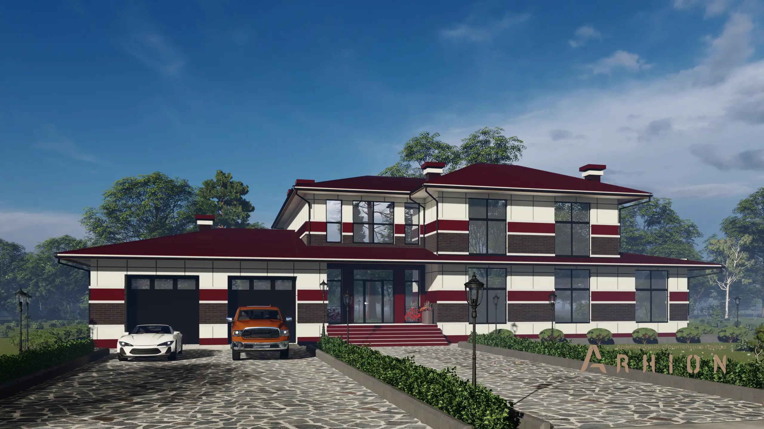 1. Проект двухэтажного дома в стиле Ллойда Райта (прерий) с многоскатной кровлей, H-1136, площадью - 493 кв c сауной, терассой, гаражом, бассейном