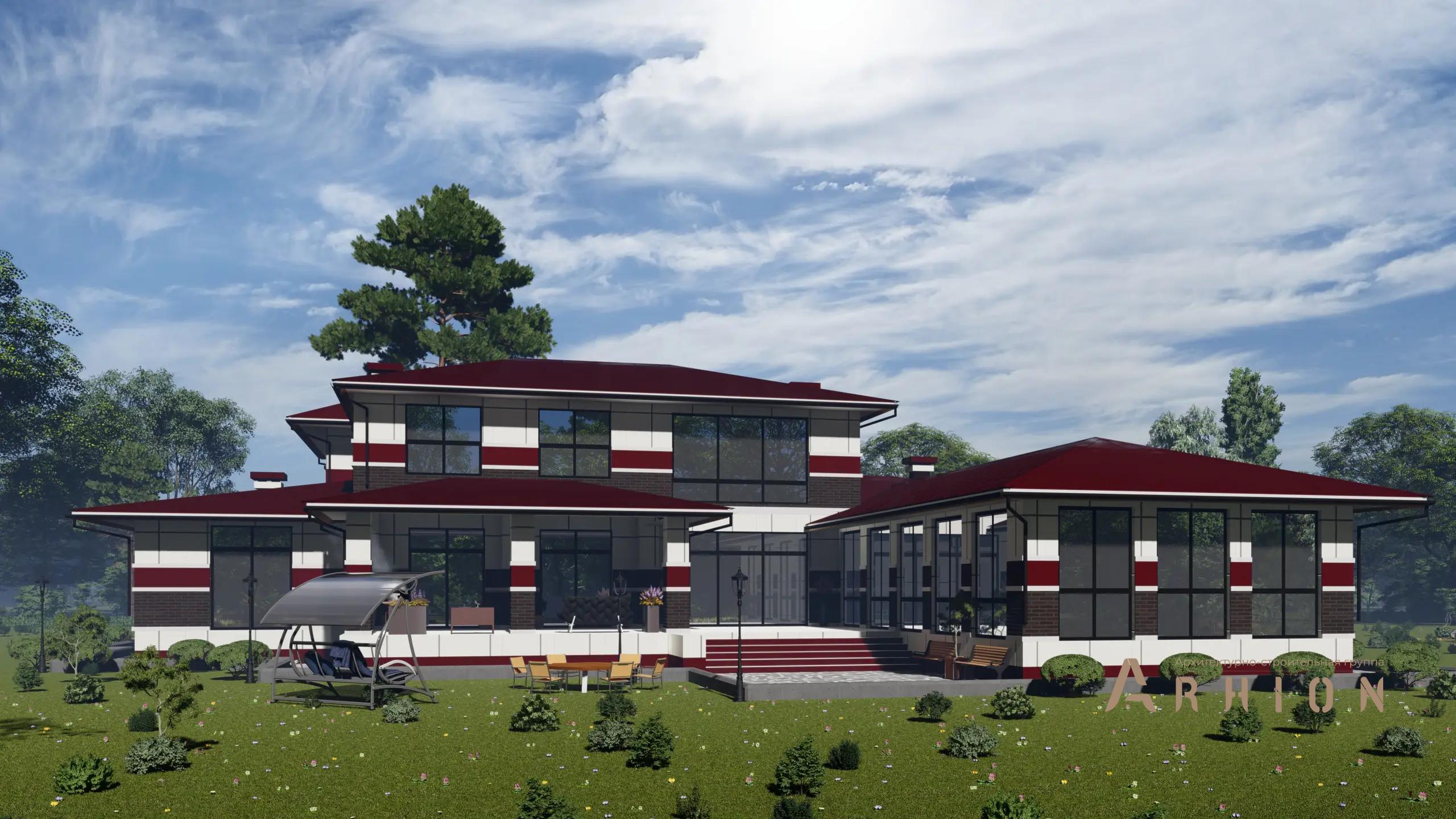 5. Проект двухэтажного дома в стиле Ллойда Райта (прерий) с многоскатной кровлей, H-1136, площадью - 493 кв c сауной, терассой, гаражом, бассейном