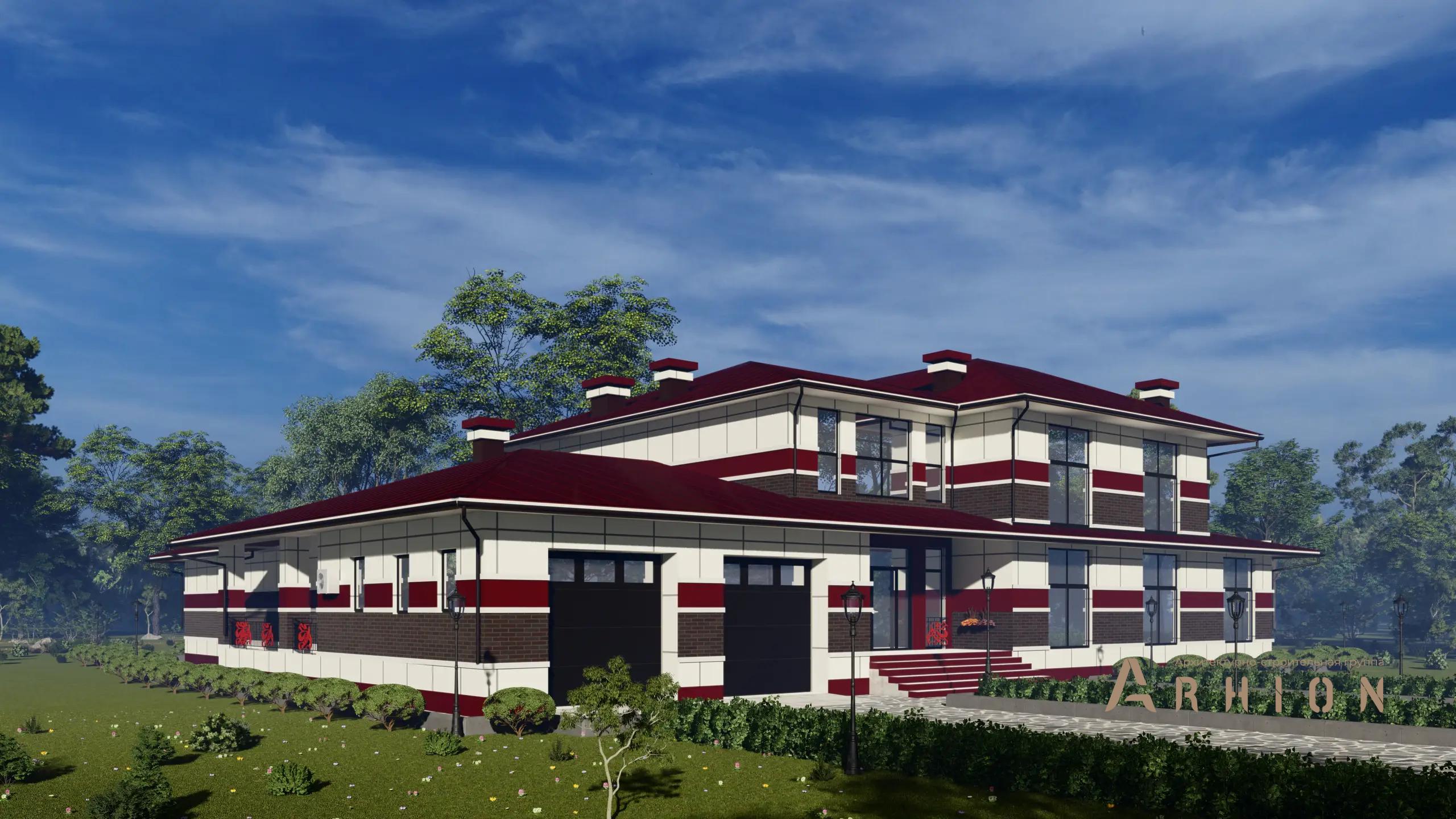 4. Проект двухэтажного дома в стиле Ллойда Райта (прерий) с многоскатной кровлей, H-1136, площадью - 493 кв c сауной, терассой, гаражом, бассейном