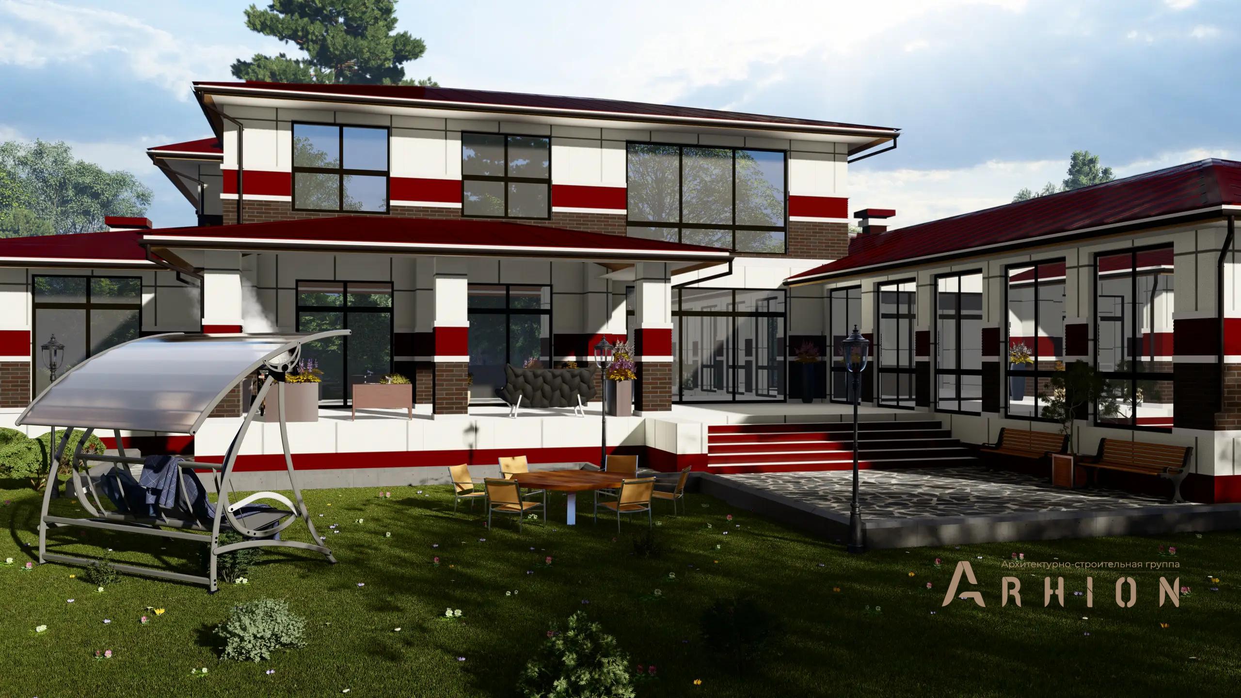 2. Проект двухэтажного дома в стиле Ллойда Райта (прерий) с многоскатной кровлей, H-1136, площадью - 493 кв c сауной, терассой, гаражом, бассейном