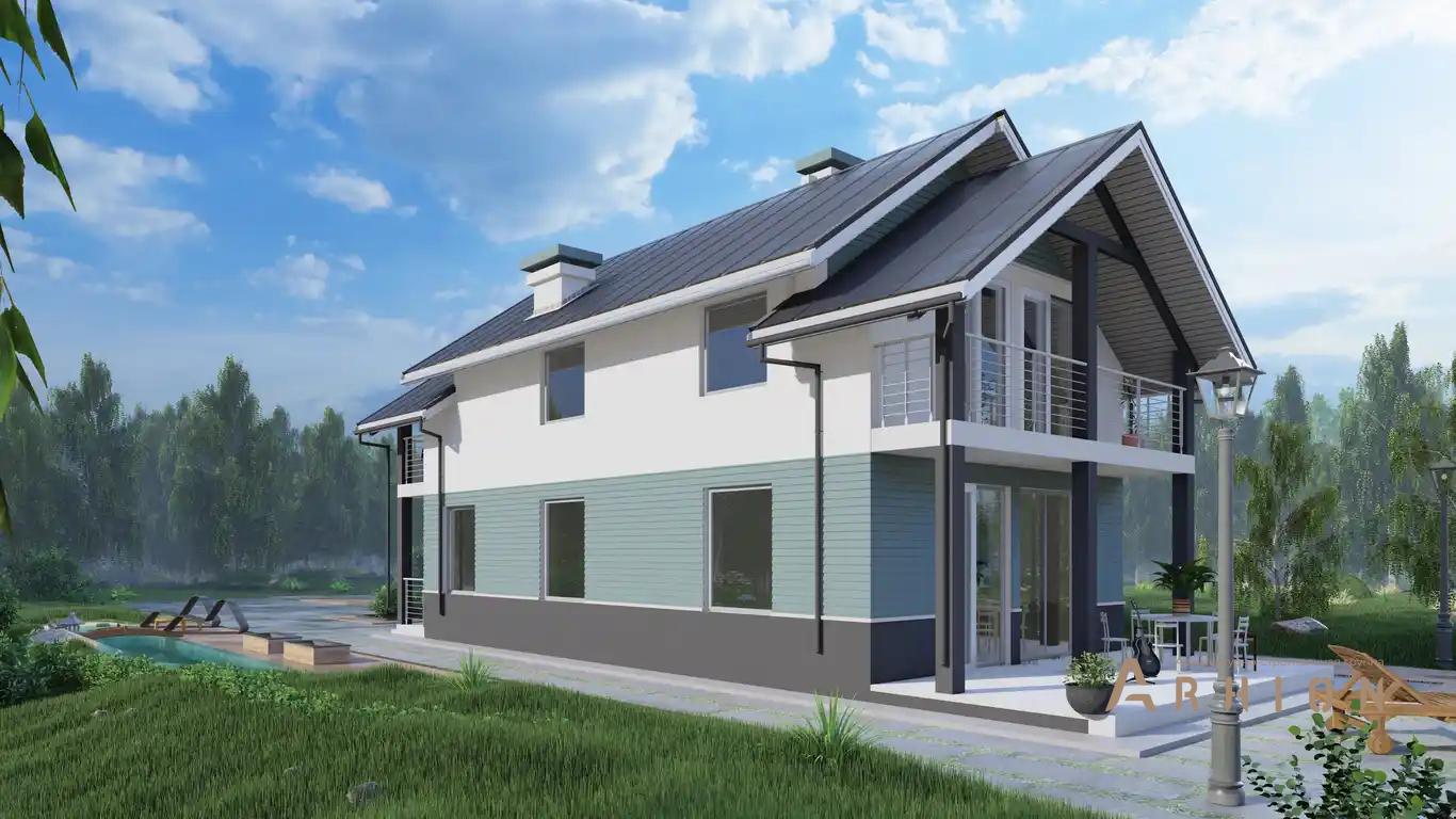 1. Проект одноэтажного дома в европейском стиле с многоскатной кровлей, H-1137, площадью - 138 кв c мансардой, терассой, балконом