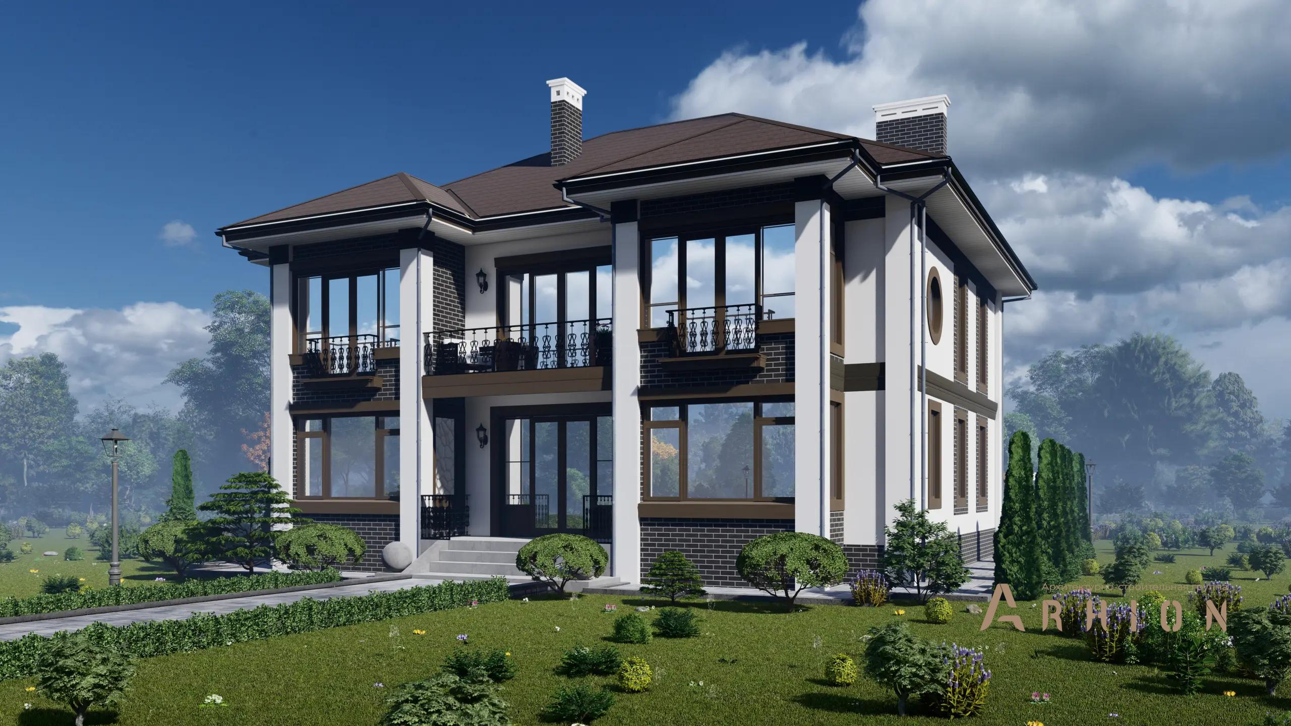 1. Проект двухэтажного дома в современном стиле с многоскатной кровлей, H-1138, площадью - 284 кв c терассой, балконом