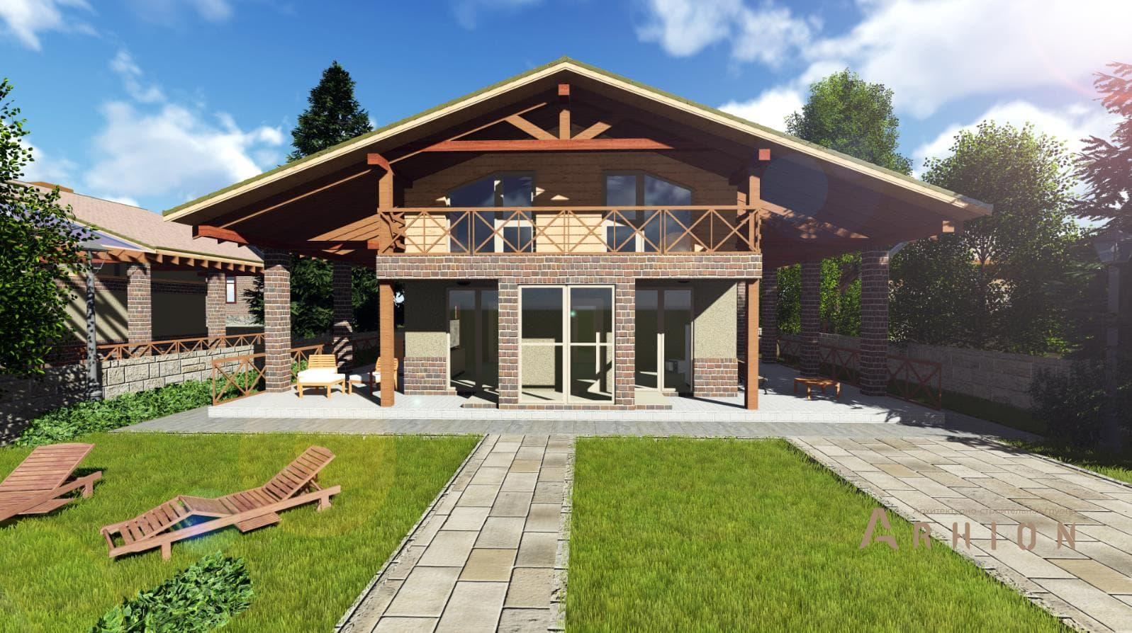 2. Проект одноэтажного дома в стиле шале с двускатной кровлей, h-1139, площадью - 140 кв c мансардой, сауной, терассой