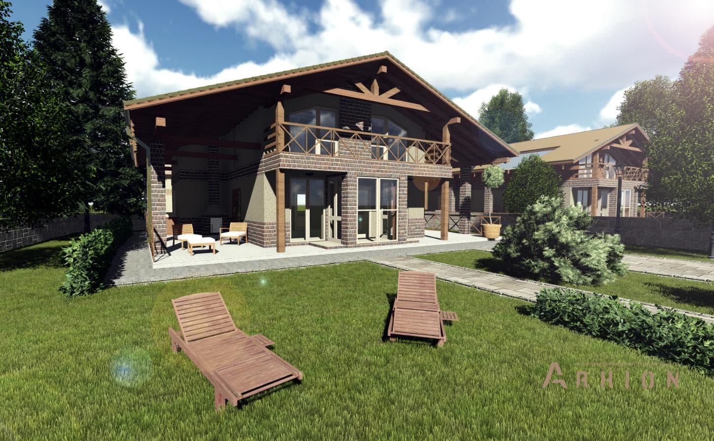 4. Проект одноэтажного дома в стиле шале с двускатной кровлей, h-1139, площадью - 140 кв c мансардой, сауной, терассой