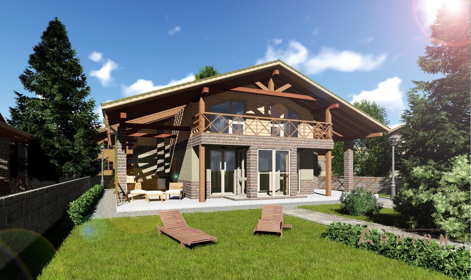 1. Проект одноэтажного дома в стиле шале с двускатной кровлей, h-1139, площадью - 140 кв c мансардой, сауной, терассой