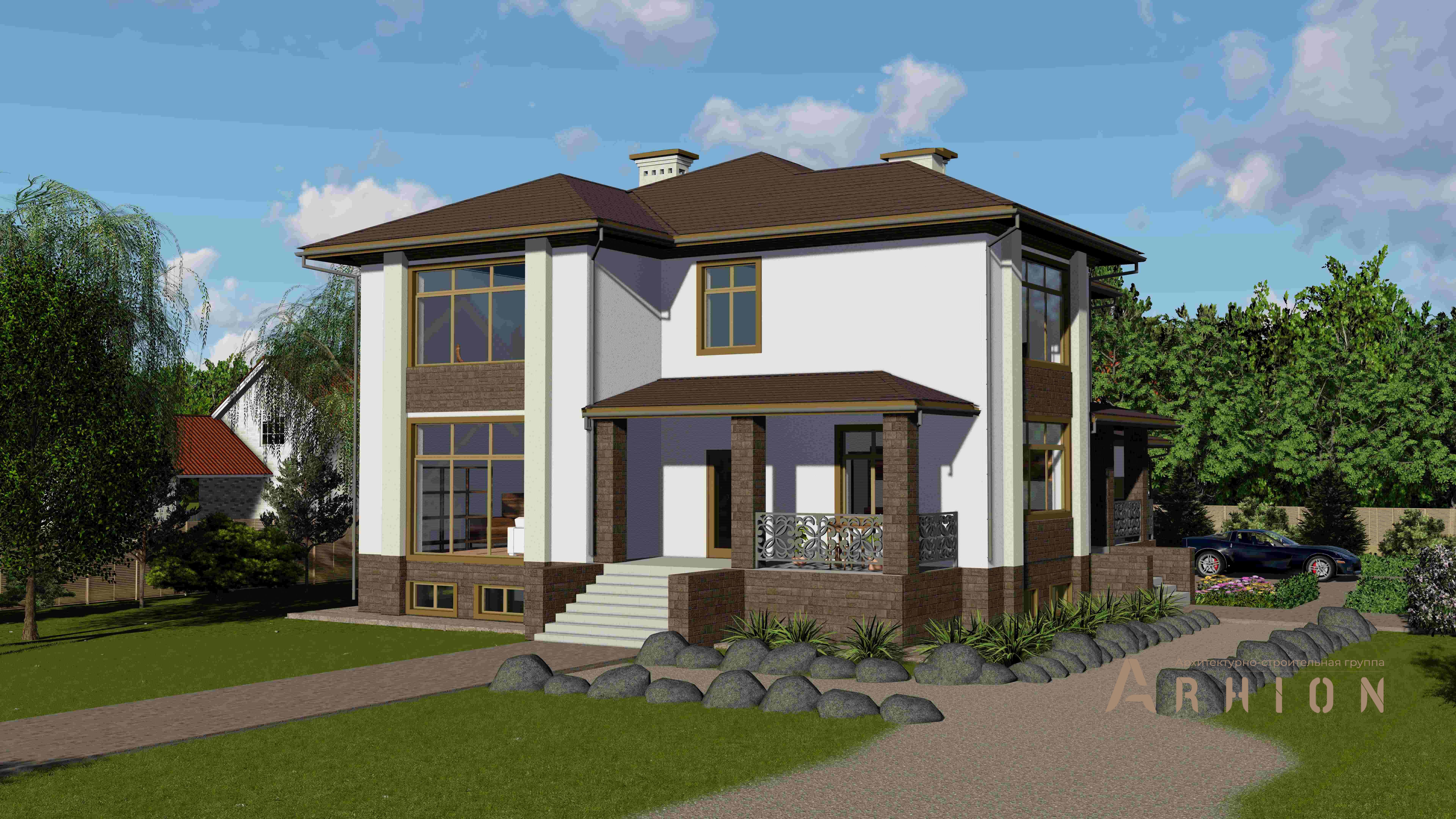 2. Проект двухэтажного дома в современном стиле с многоскатной кровлей, H-1242, площадью - 463 кв c цокольным этажом, сауной, терассой, балконом, гаражом