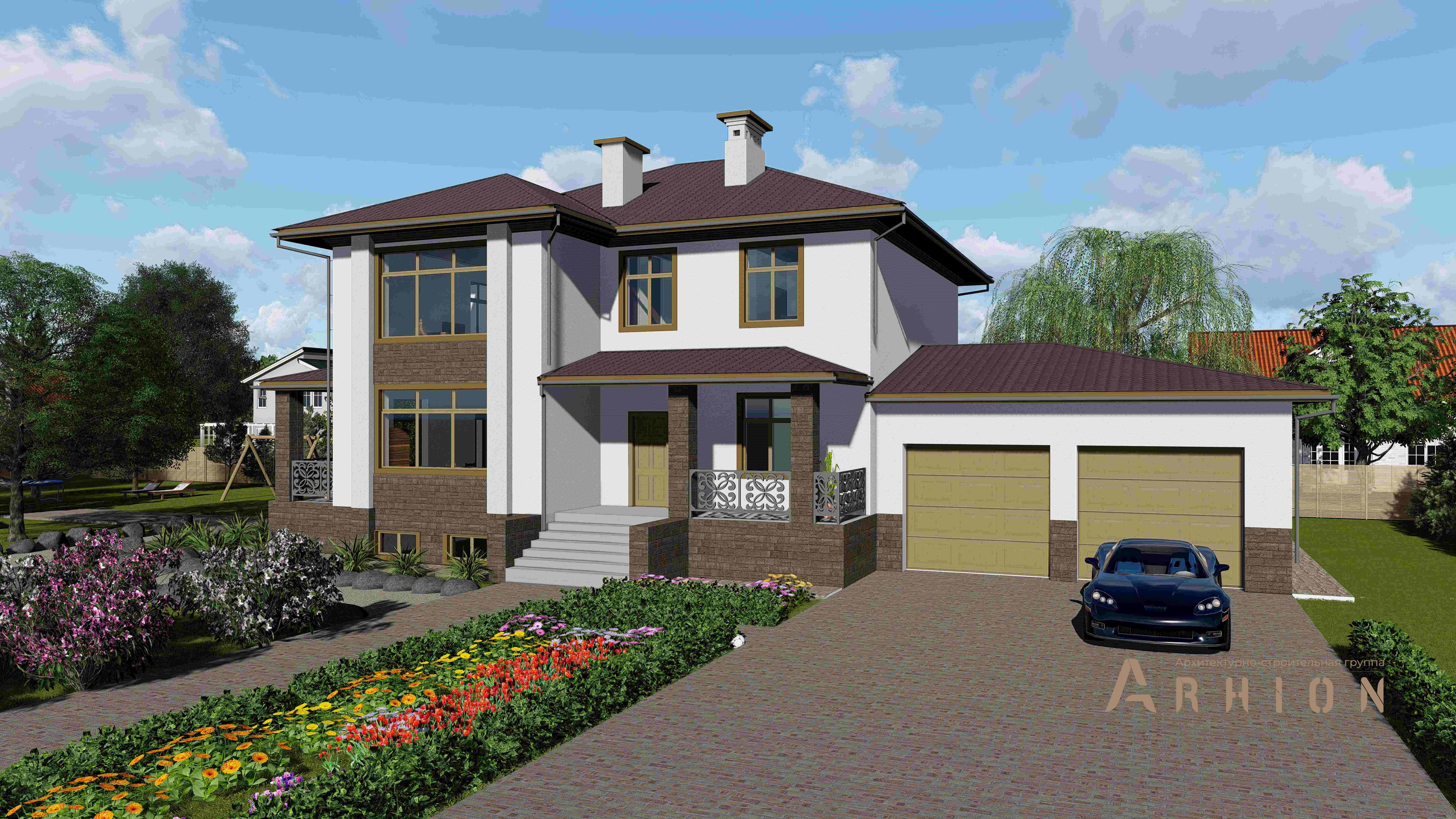 1. Проект двухэтажного дома в современном стиле с многоскатной кровлей, H-1242, площадью - 463 кв c цокольным этажом, сауной, терассой, балконом, гаражом