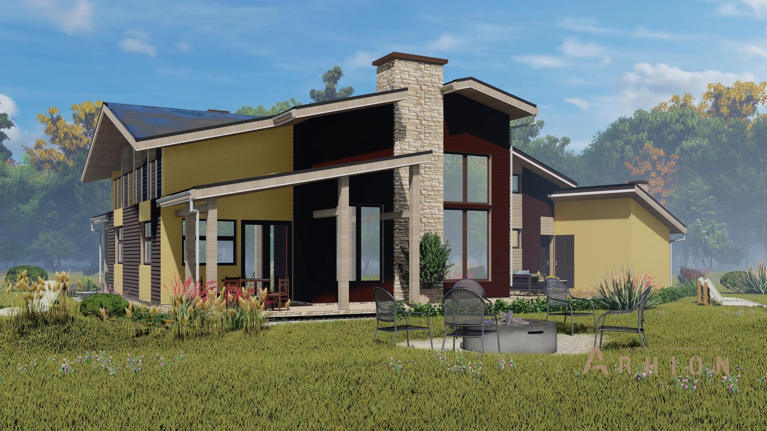 1. Проект двухэтажного дома в стиле шале с многоскатной кровлей, H-1245, площадью - 220 кв c сауной, терассой, балконом, вторым светом