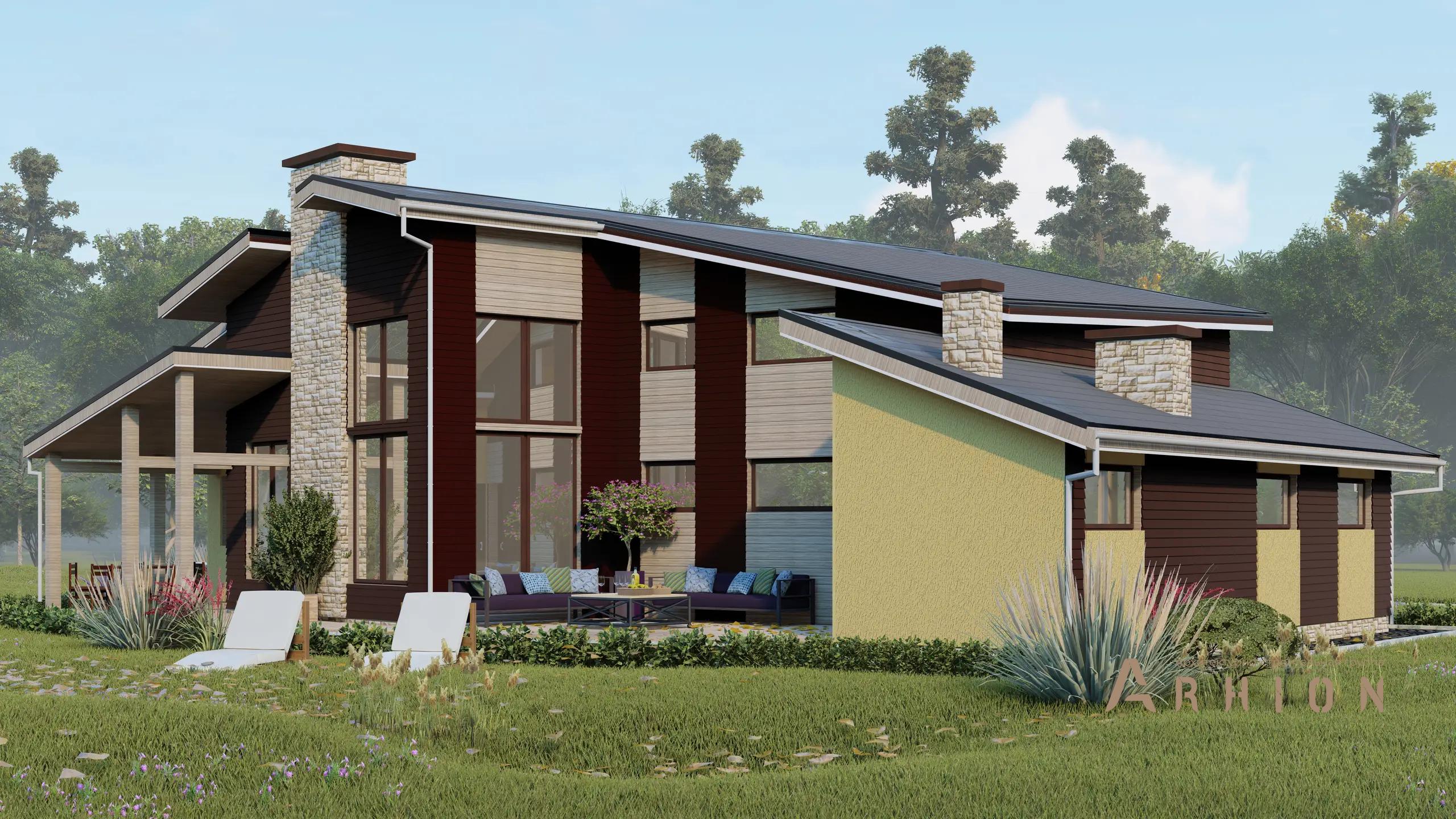 8. Проект двухэтажного дома в стиле шале с многоскатной кровлей, H-1245, площадью - 220 кв c сауной, терассой, балконом, вторым светом