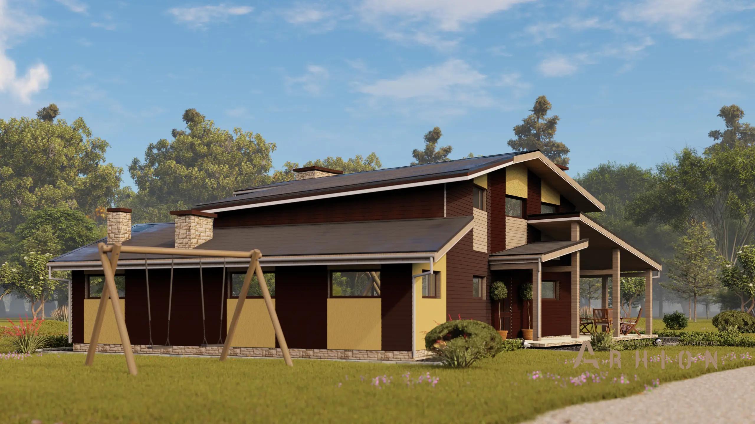 7. Проект двухэтажного дома в стиле шале с многоскатной кровлей, H-1245, площадью - 220 кв c сауной, терассой, балконом, вторым светом