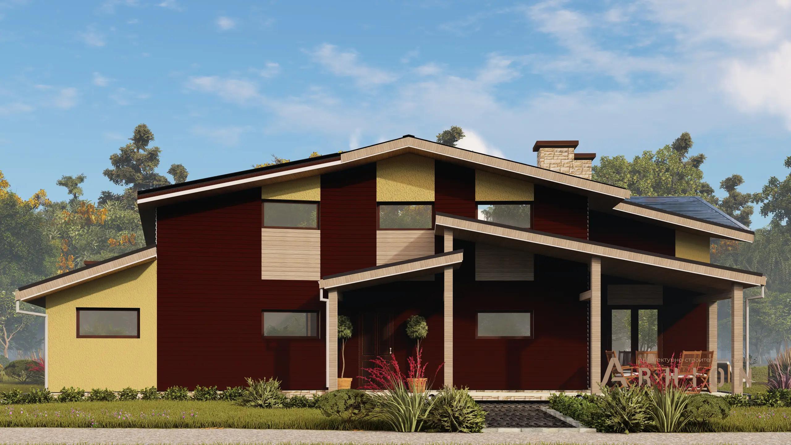 2. Проект двухэтажного дома в стиле шале с многоскатной кровлей, H-1245, площадью - 220 кв c сауной, терассой, балконом, вторым светом