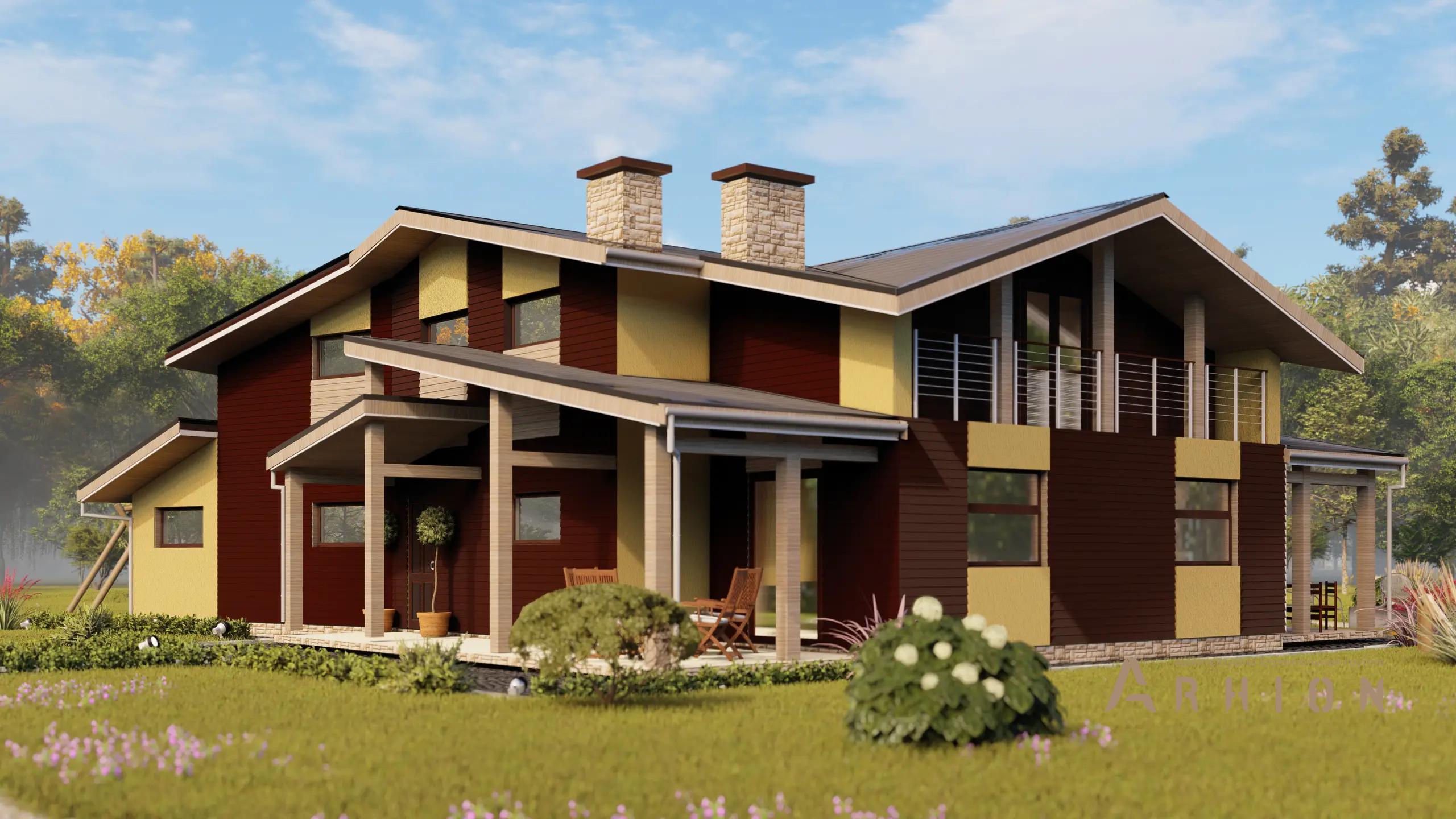 6. Проект двухэтажного дома в стиле шале с многоскатной кровлей, H-1245, площадью - 220 кв c сауной, терассой, балконом, вторым светом