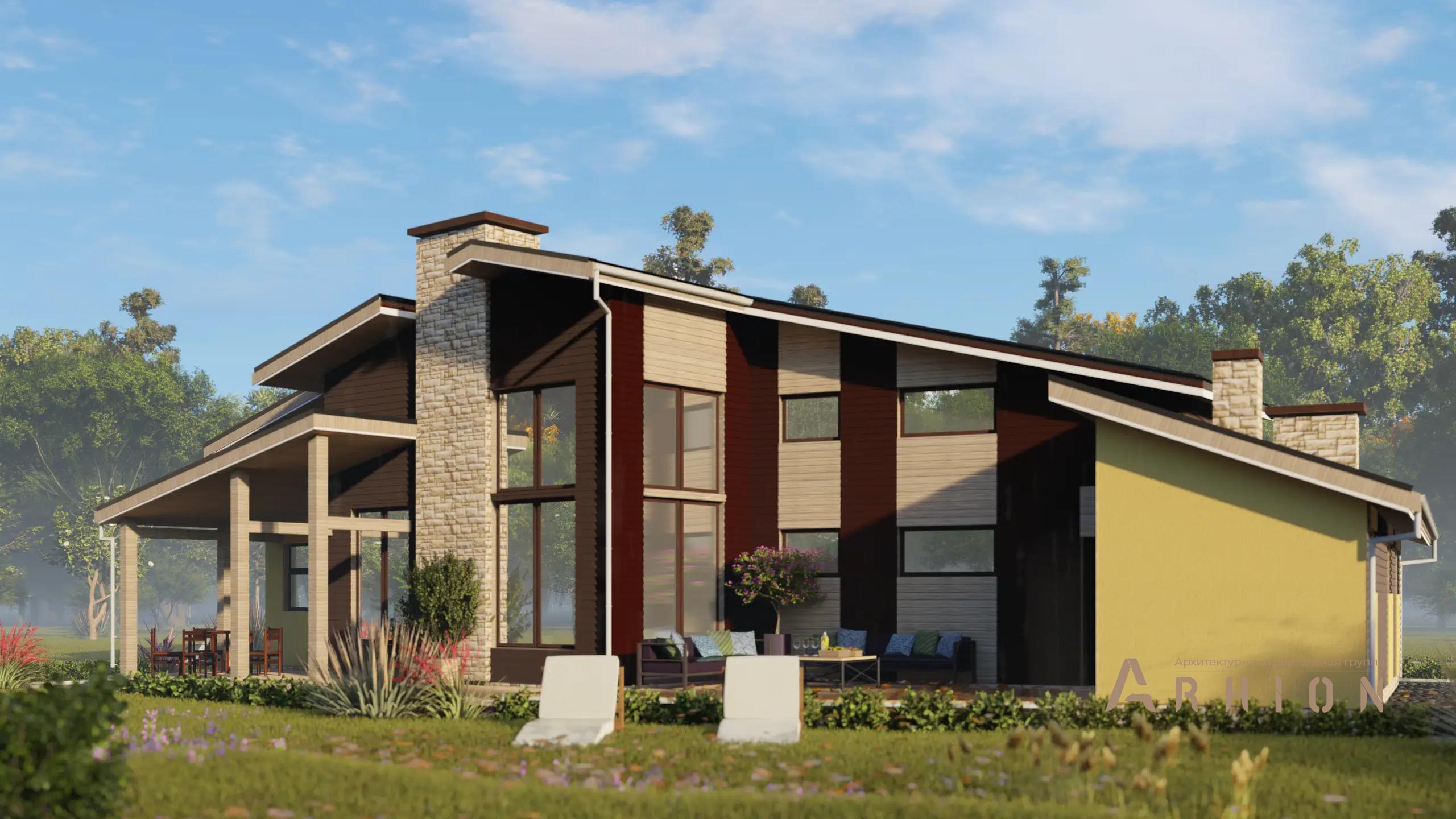 5. Проект двухэтажного дома в стиле шале с многоскатной кровлей, H-1245, площадью - 220 кв c сауной, терассой, балконом, вторым светом