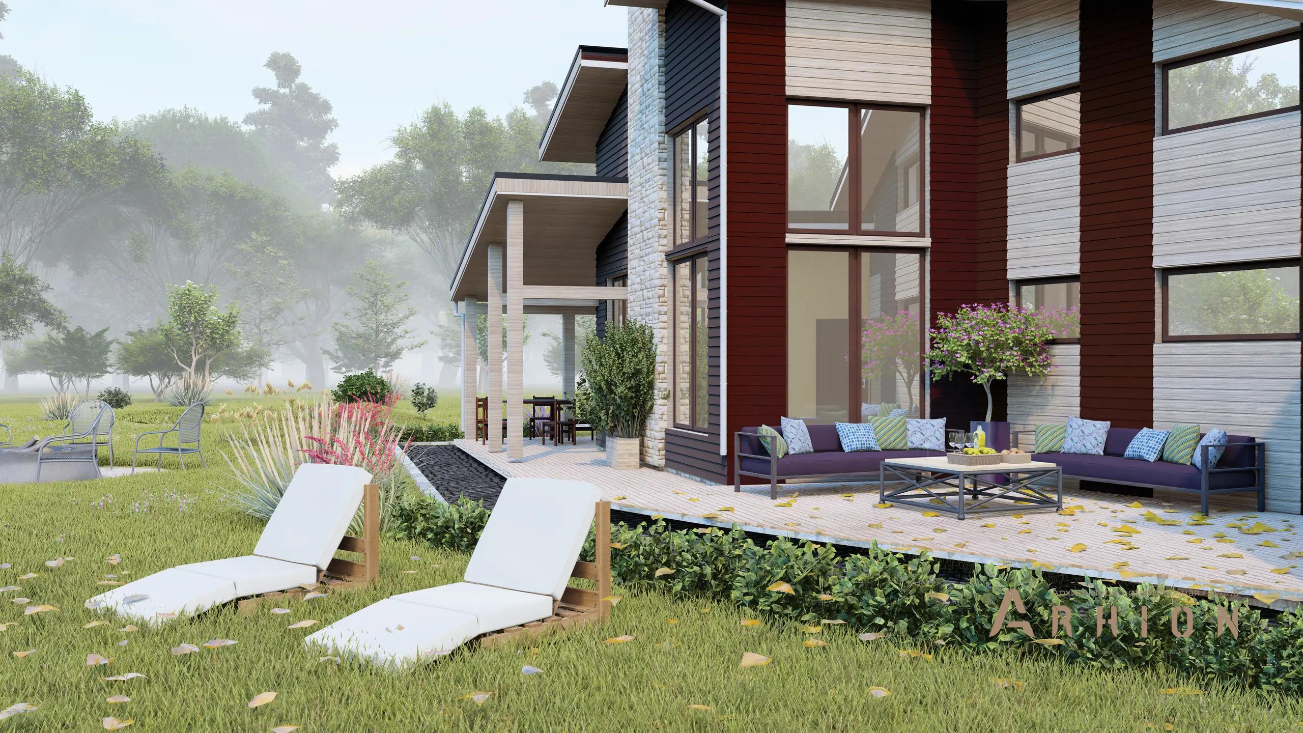 3. Проект двухэтажного дома в стиле шале с многоскатной кровлей, H-1245, площадью - 220 кв c сауной, терассой, балконом, вторым светом