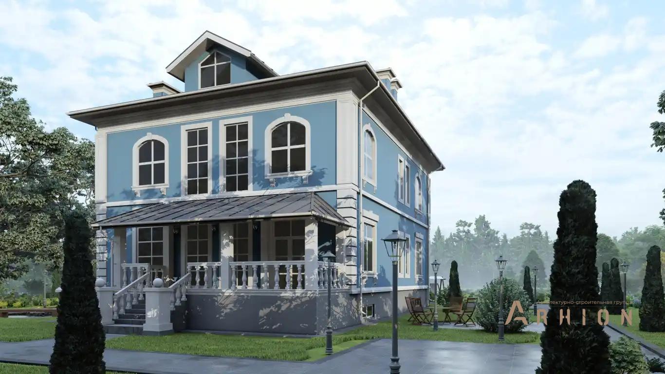 2. Проект двухэтажного дома в классическом стиле с многоскатной кровлей, H-1246, площадью - 482 кв c цокольным этажом, мансардой, терассой, балконом