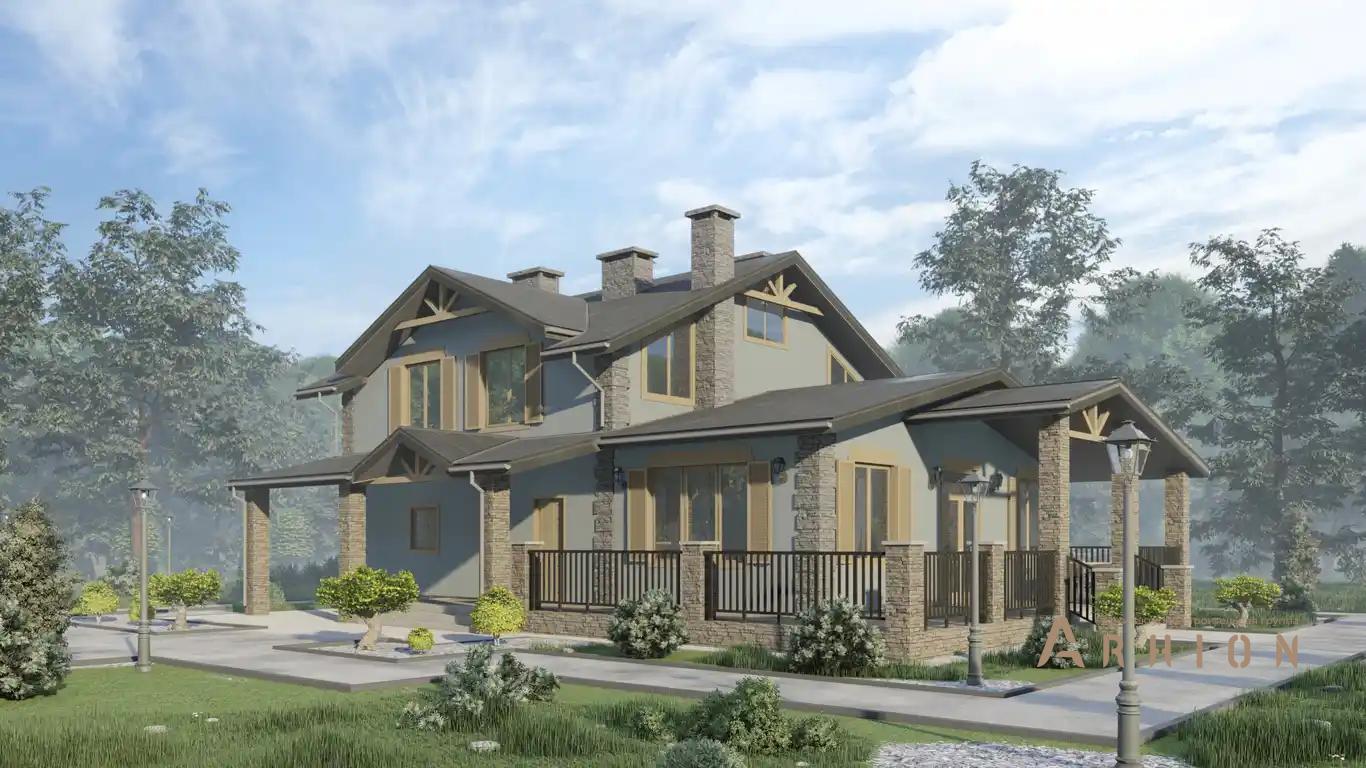 1. Проект одноэтажного дома в стиле шале с многоскатной кровлей, H-1249, площадью - 184 кв c мансардой, терассой, балконом