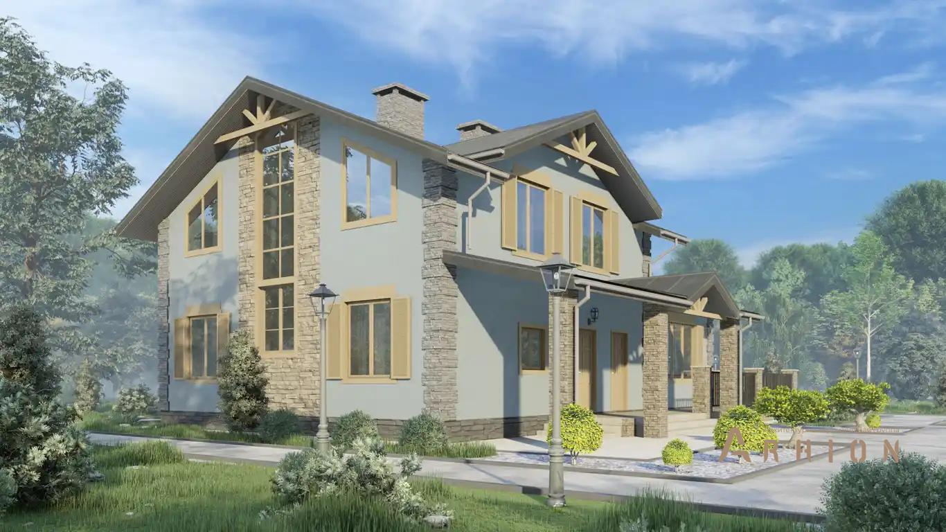 7. Проект одноэтажного дома в стиле шале с многоскатной кровлей, H-1249, площадью - 184 кв c мансардой, терассой, балконом