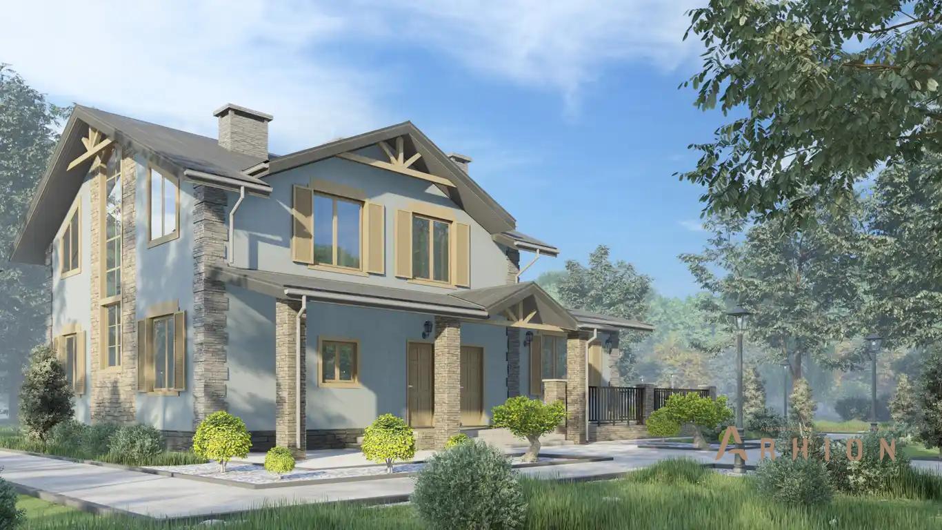 5. Проект одноэтажного дома в стиле шале с многоскатной кровлей, H-1249, площадью - 184 кв c мансардой, терассой, балконом