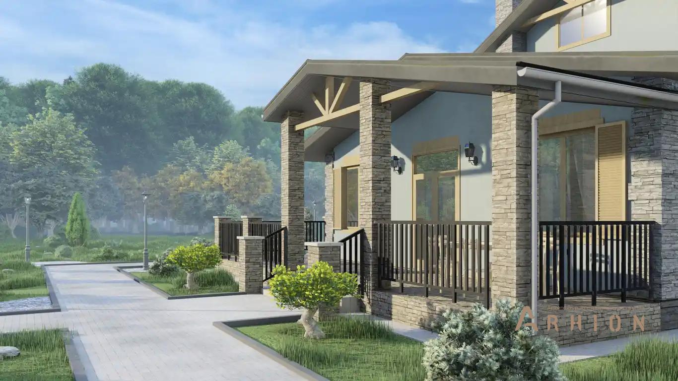 3. Проект одноэтажного дома в стиле шале с многоскатной кровлей, H-1249, площадью - 184 кв c мансардой, терассой, балконом