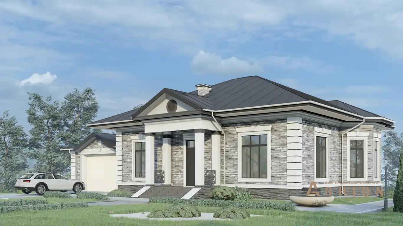 1. Проект одноэтажного дома в современном классическом стиле с многоскатной кровлей, H-1254, площадью - 223 кв c терассой, гаражом, эркером