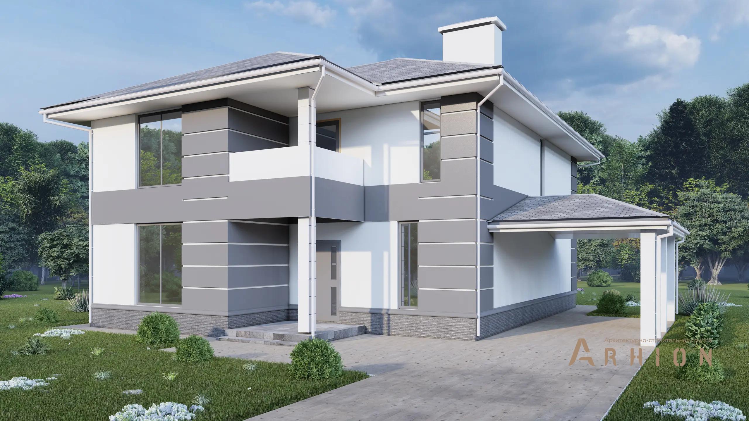 1. Проект двухэтажного дома в современном стиле с многоскатной кровлей, H-1256, площадью - 196 кв c терассой, балконом, гаражом