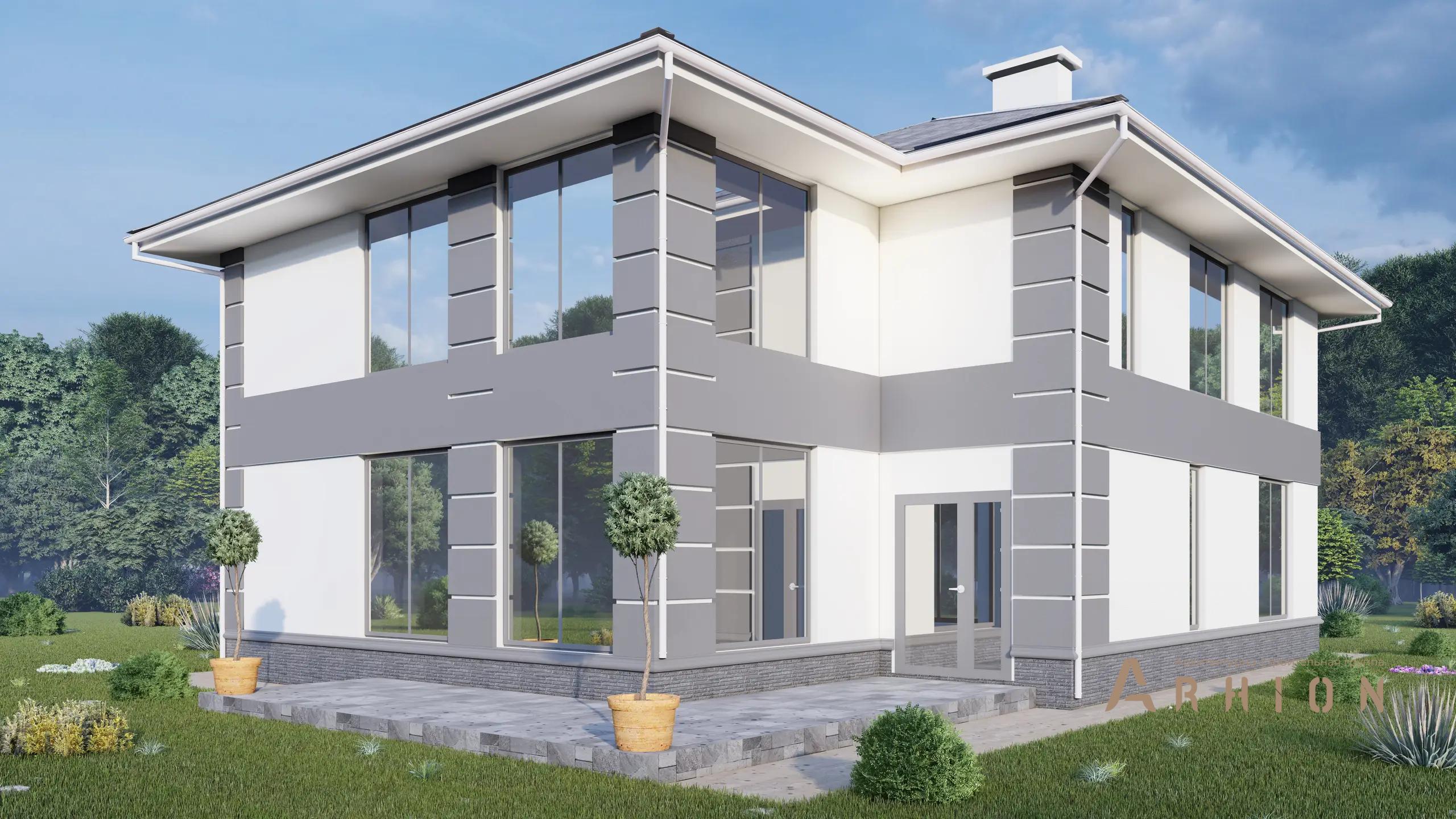 7. Проект двухэтажного дома в современном стиле с многоскатной кровлей, H-1256, площадью - 196 кв c терассой, балконом, гаражом