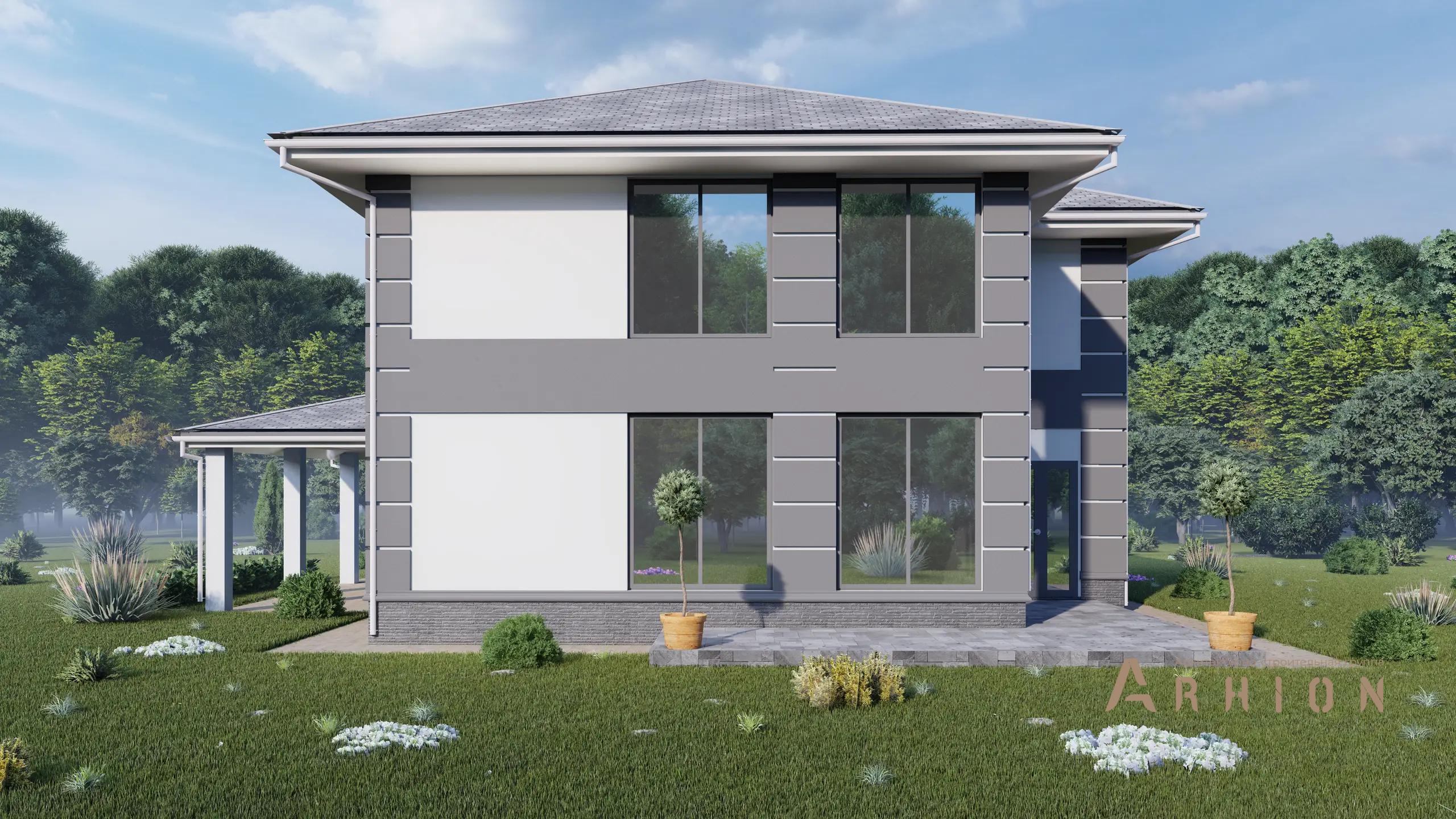 2. Проект двухэтажного дома в современном стиле с многоскатной кровлей, H-1256, площадью - 196 кв c терассой, балконом, гаражом