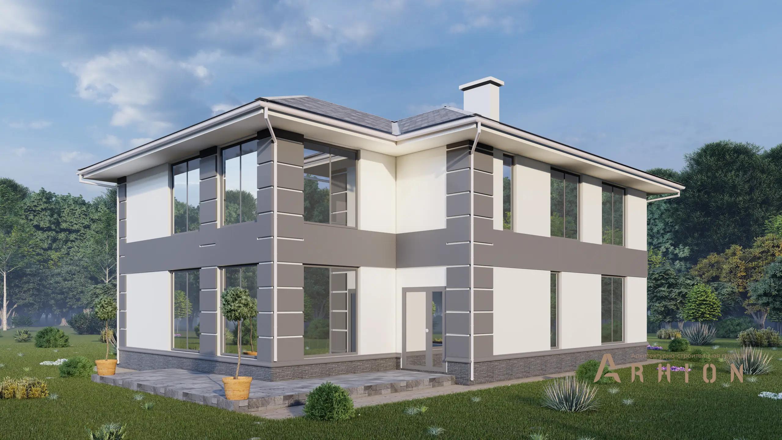 4. Проект двухэтажного дома в современном стиле с многоскатной кровлей, H-1256, площадью - 196 кв c терассой, балконом, гаражом