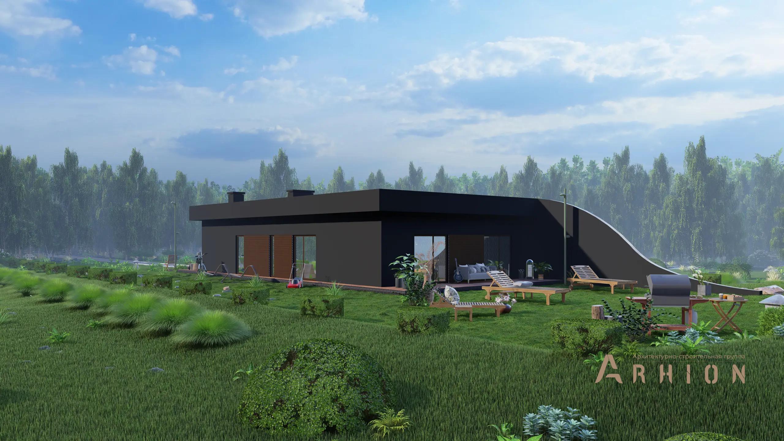 1. Проект одноэтажного дома в современном стиле с плоской кровлей , H-1257, площадью - 132 кв c терассой