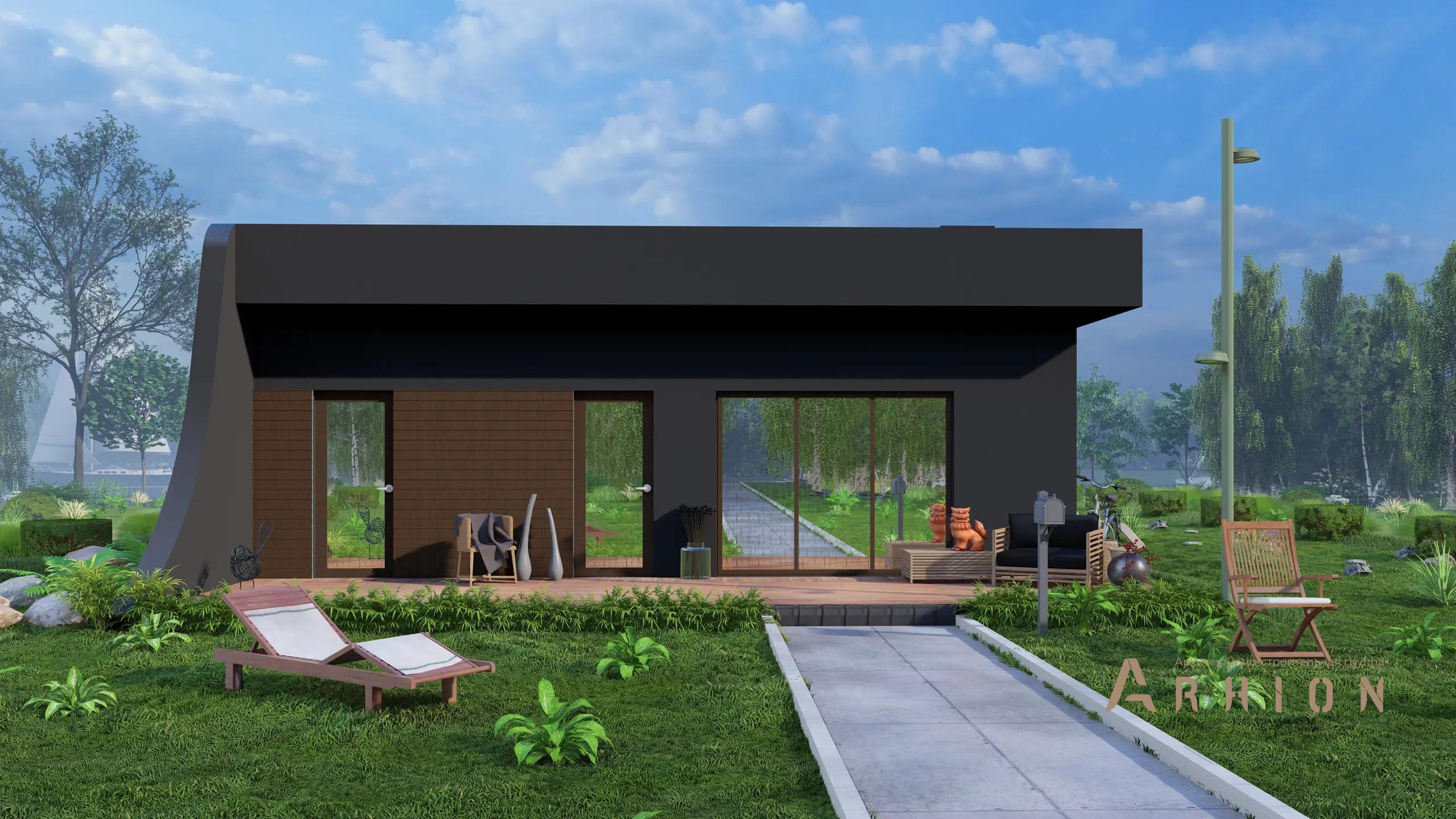 8. Проект одноэтажного дома в современном стиле с плоской кровлей , H-1257, площадью - 132 кв c терассой