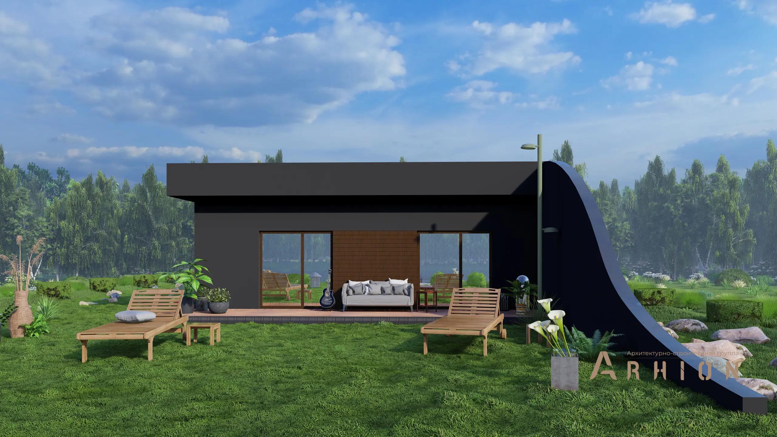 9. Проект одноэтажного дома в современном стиле с плоской кровлей , H-1257, площадью - 132 кв c терассой