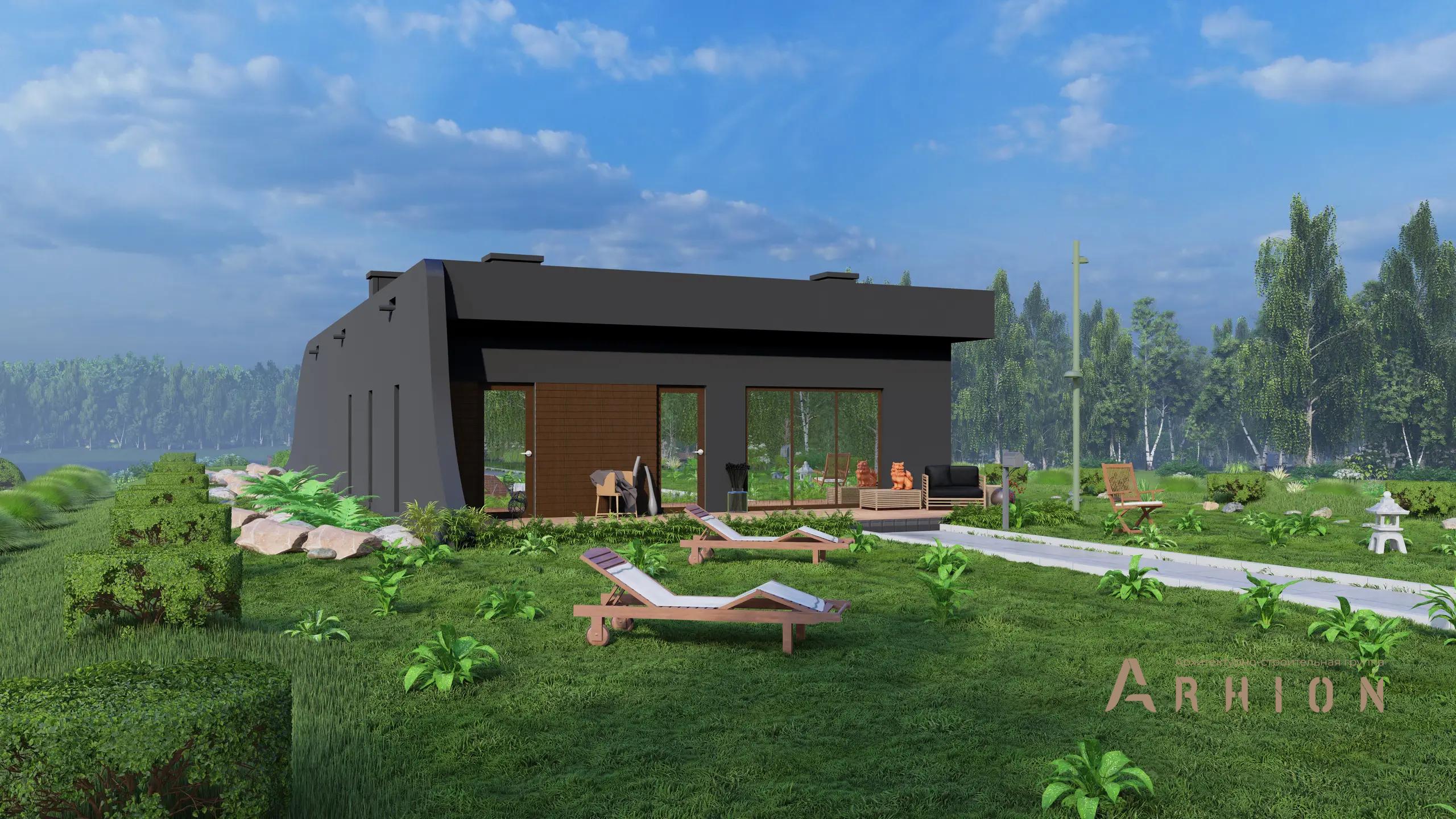 6. Проект одноэтажного дома в современном стиле с плоской кровлей , H-1257, площадью - 132 кв c терассой