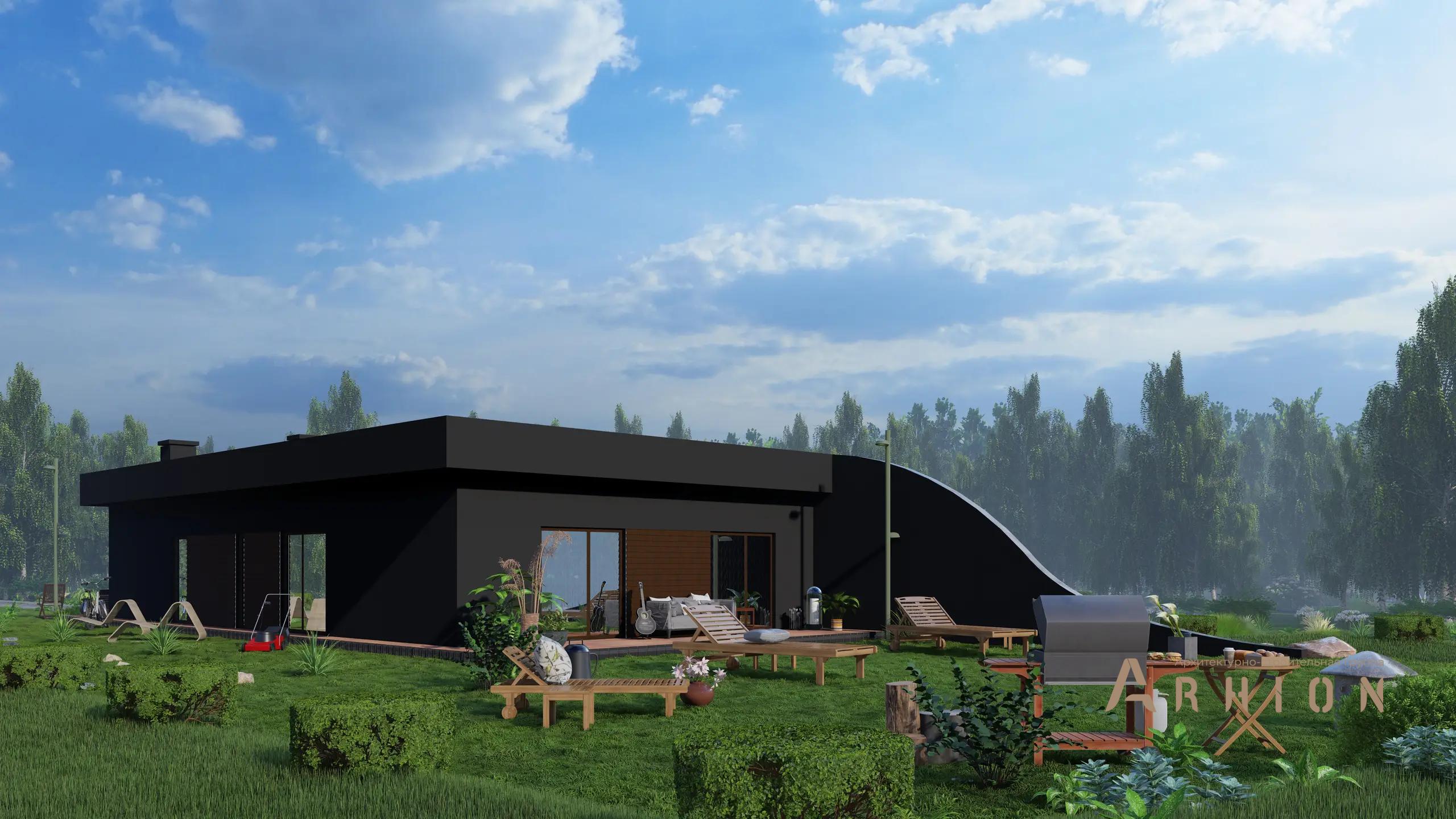 5. Проект одноэтажного дома в современном стиле с плоской кровлей , H-1257, площадью - 132 кв c терассой