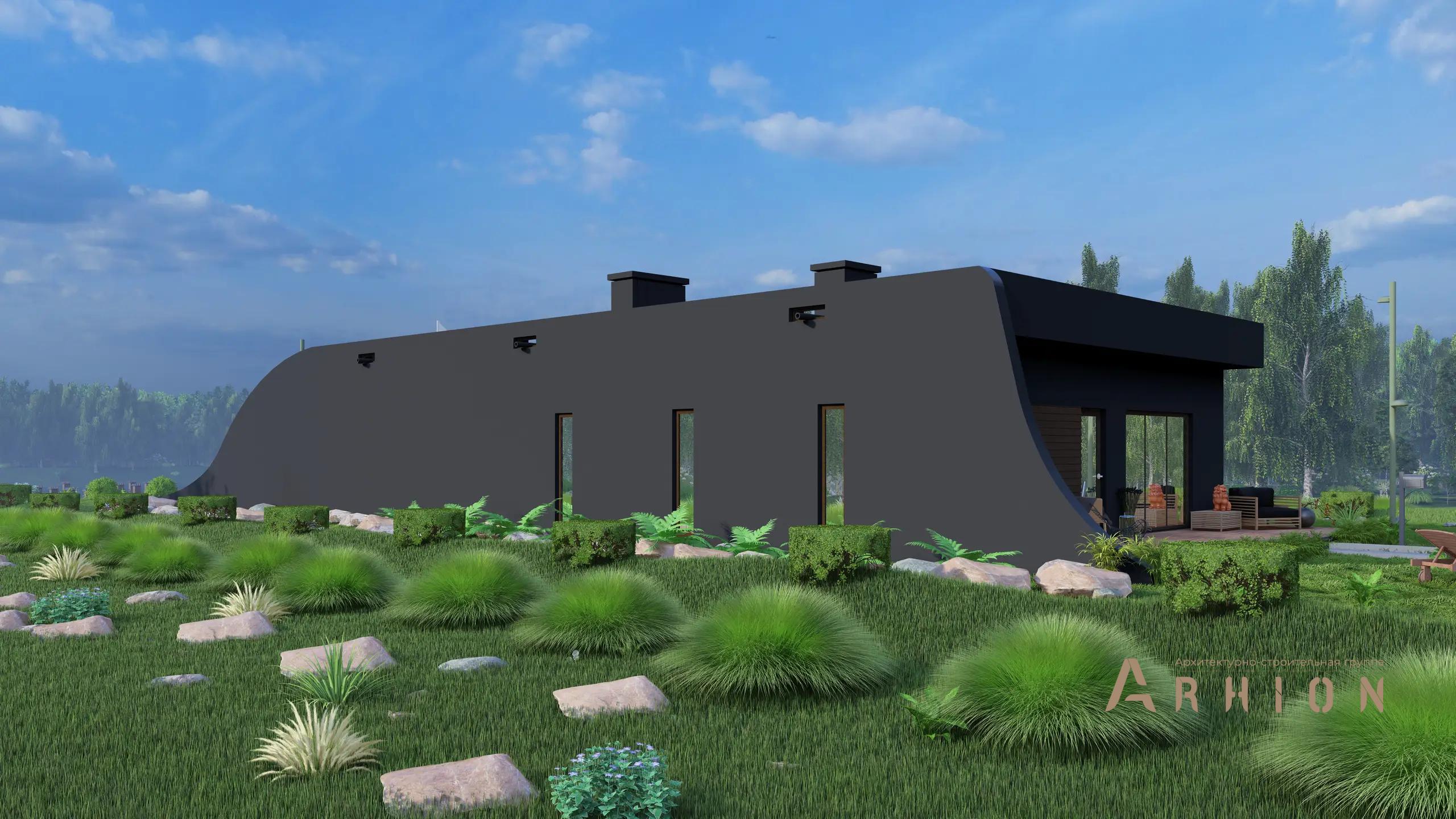 4. Проект одноэтажного дома в современном стиле с плоской кровлей , H-1257, площадью - 132 кв c терассой