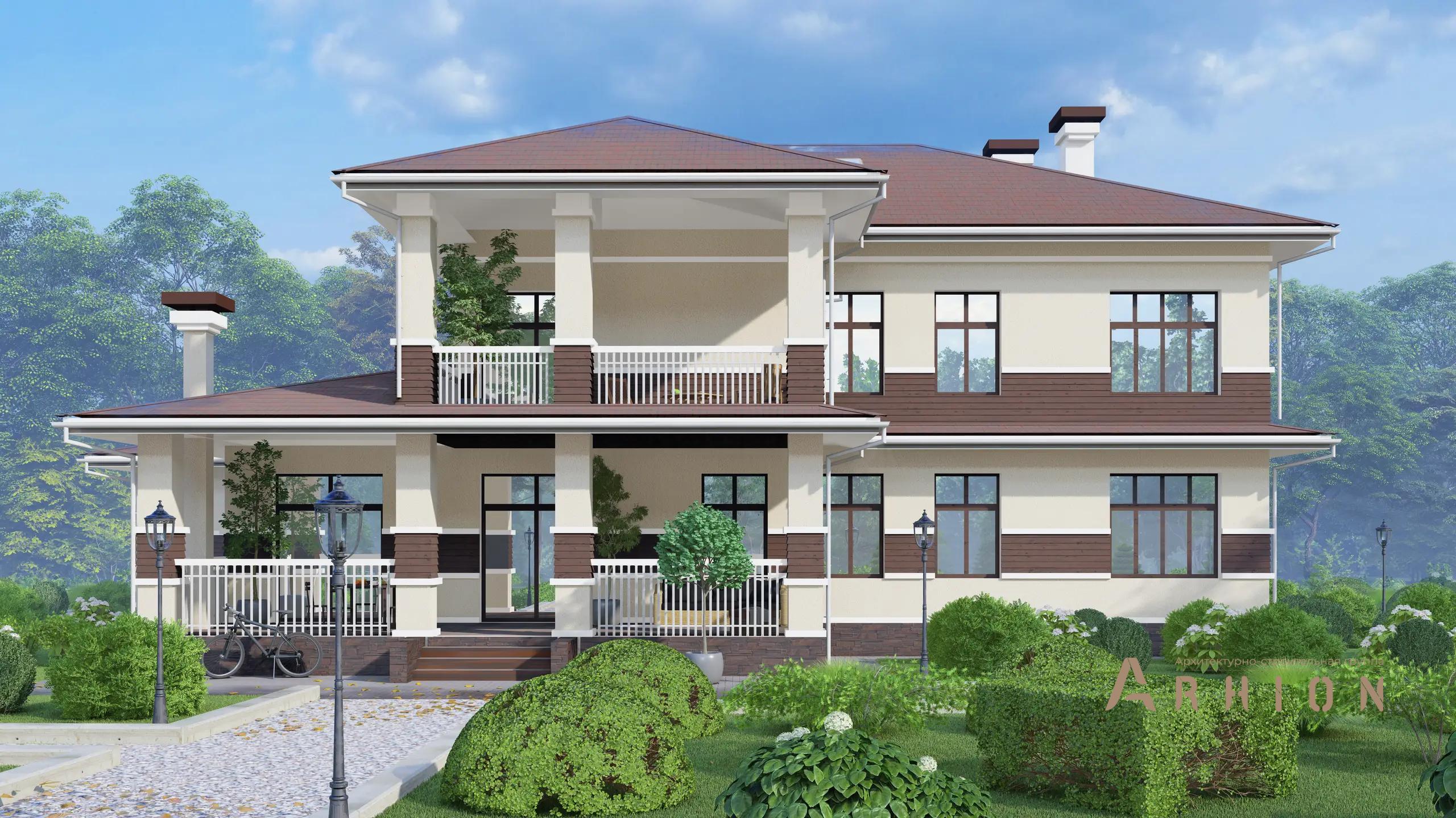 1. Проект двухэтажного дома в европейском стиле с многоскатной кровлей, H-1269, площадью - 352 кв c мансардой, терассой, балконом, гаражом