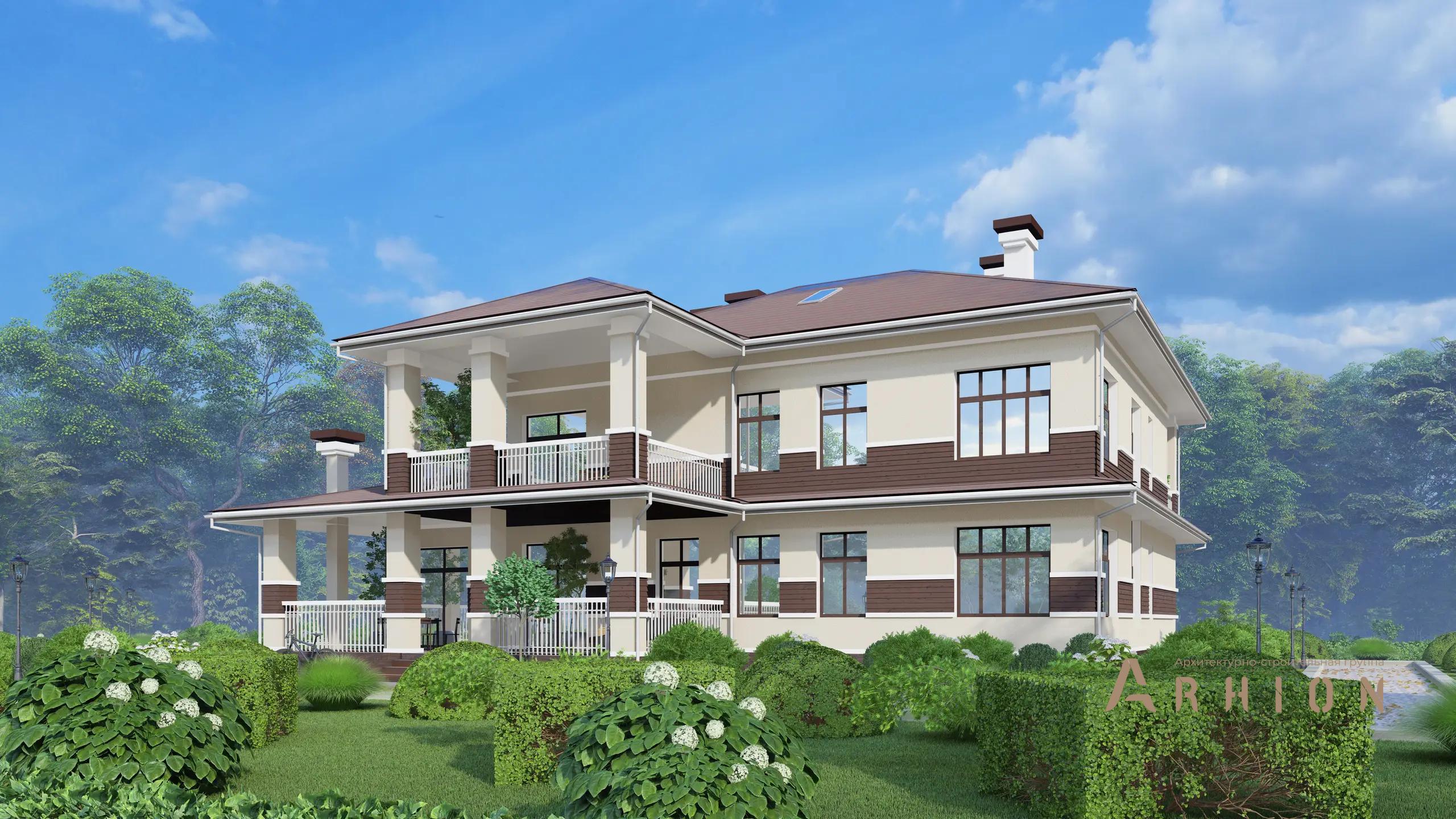 9. Проект двухэтажного дома в европейском стиле с многоскатной кровлей, H-1269, площадью - 352 кв c мансардой, терассой, балконом, гаражом