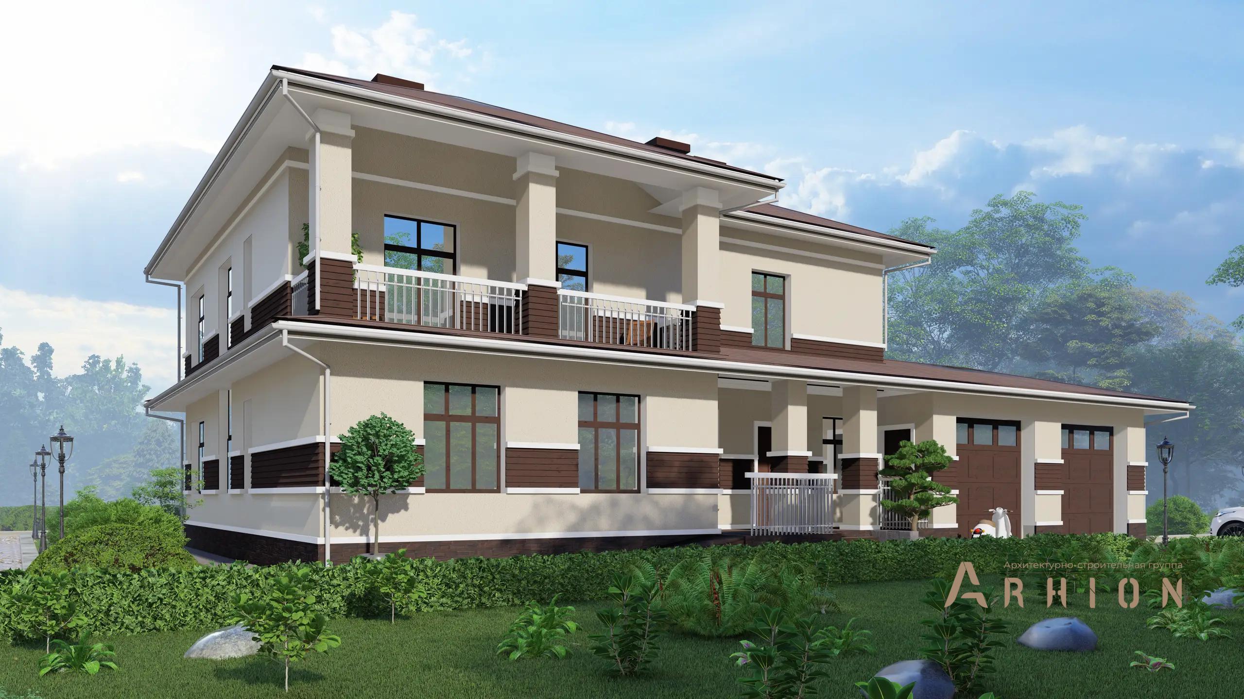 7. Проект двухэтажного дома в европейском стиле с многоскатной кровлей, H-1269, площадью - 352 кв c мансардой, терассой, балконом, гаражом