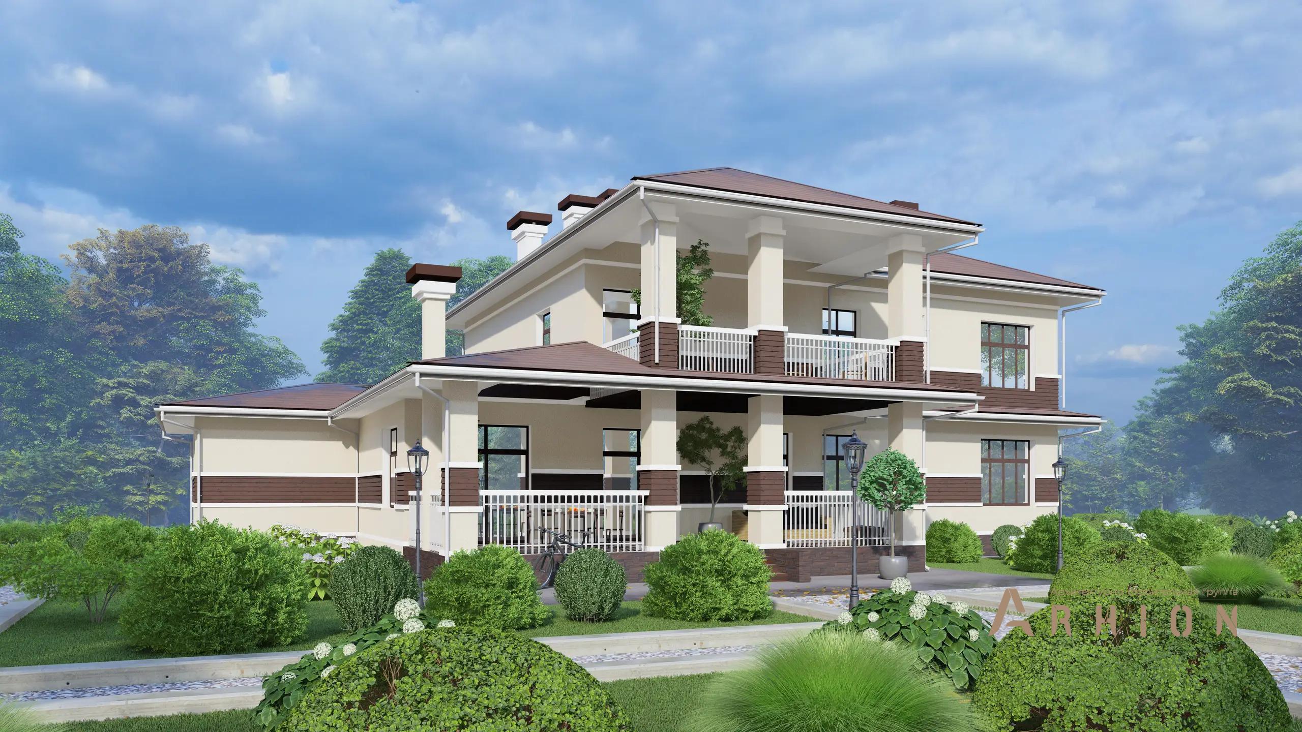 5. Проект двухэтажного дома в европейском стиле с многоскатной кровлей, H-1269, площадью - 352 кв c мансардой, терассой, балконом, гаражом