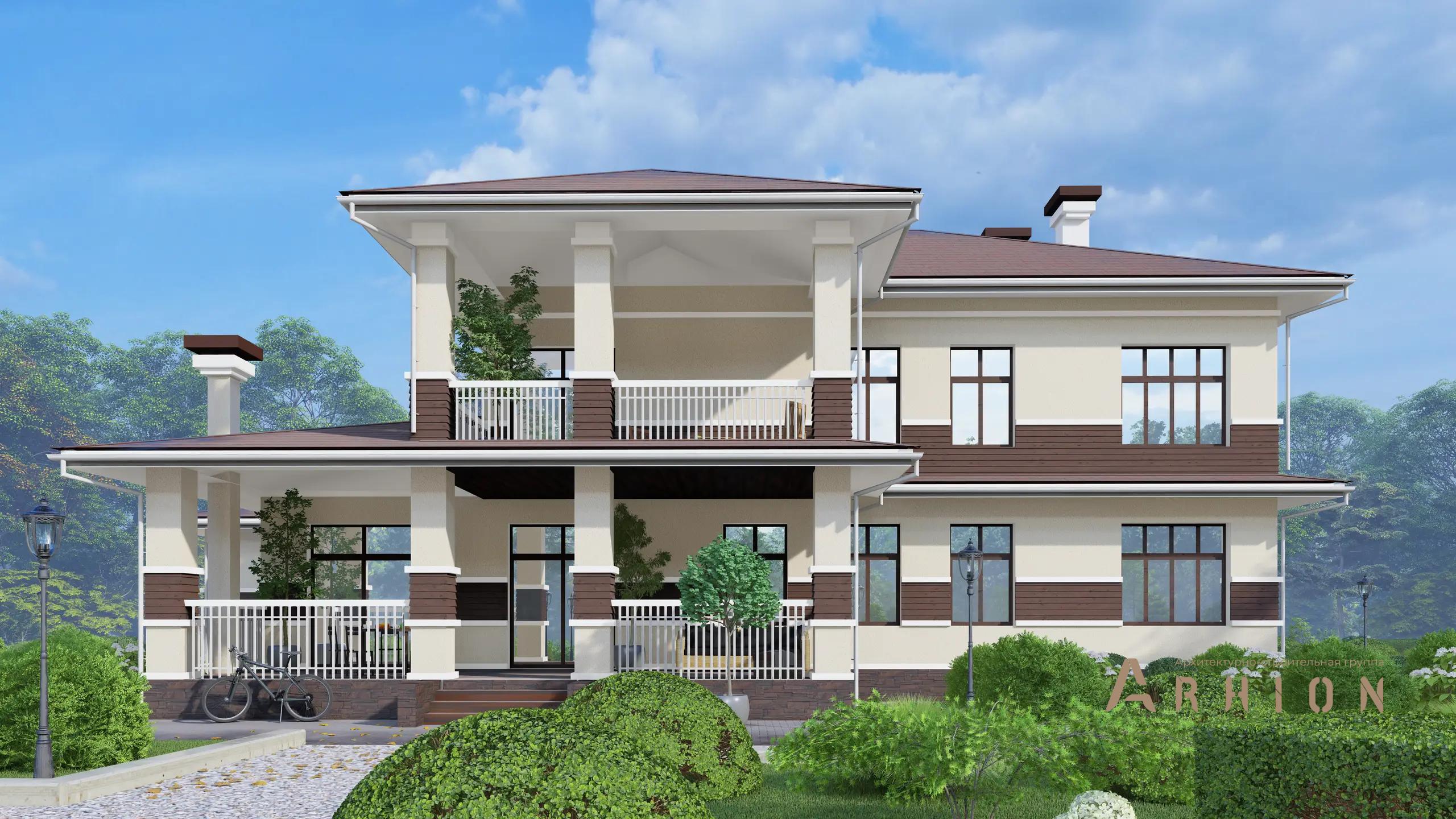 4. Проект двухэтажного дома в европейском стиле с многоскатной кровлей, H-1269, площадью - 352 кв c мансардой, терассой, балконом, гаражом