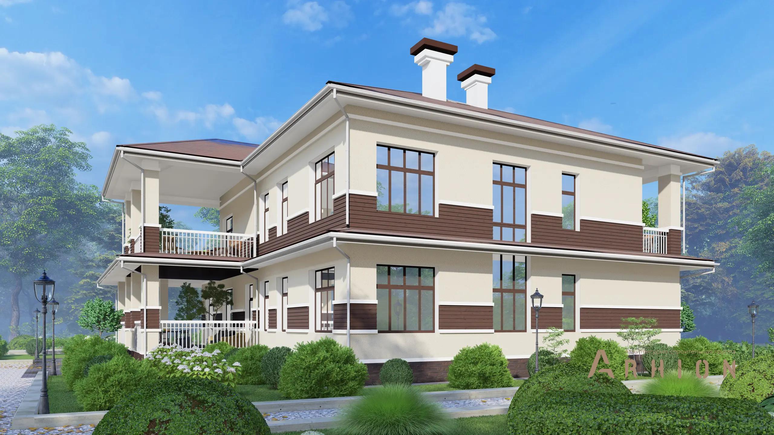 2. Проект двухэтажного дома в европейском стиле с многоскатной кровлей, H-1269, площадью - 352 кв c мансардой, терассой, балконом, гаражом