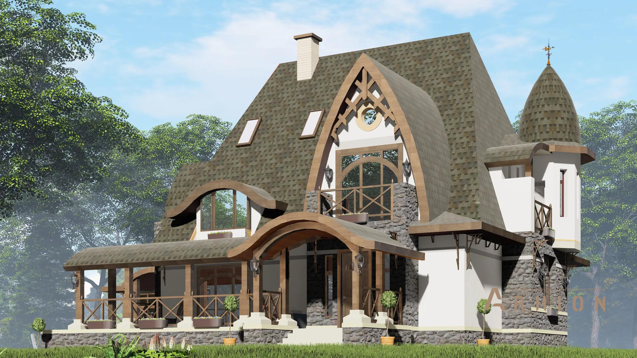 1. Проект двухэтажного дома в стиле модерн с многоскатной кровлей, H-1300, площадью - 301 кв c мансардой, терассой, эркером