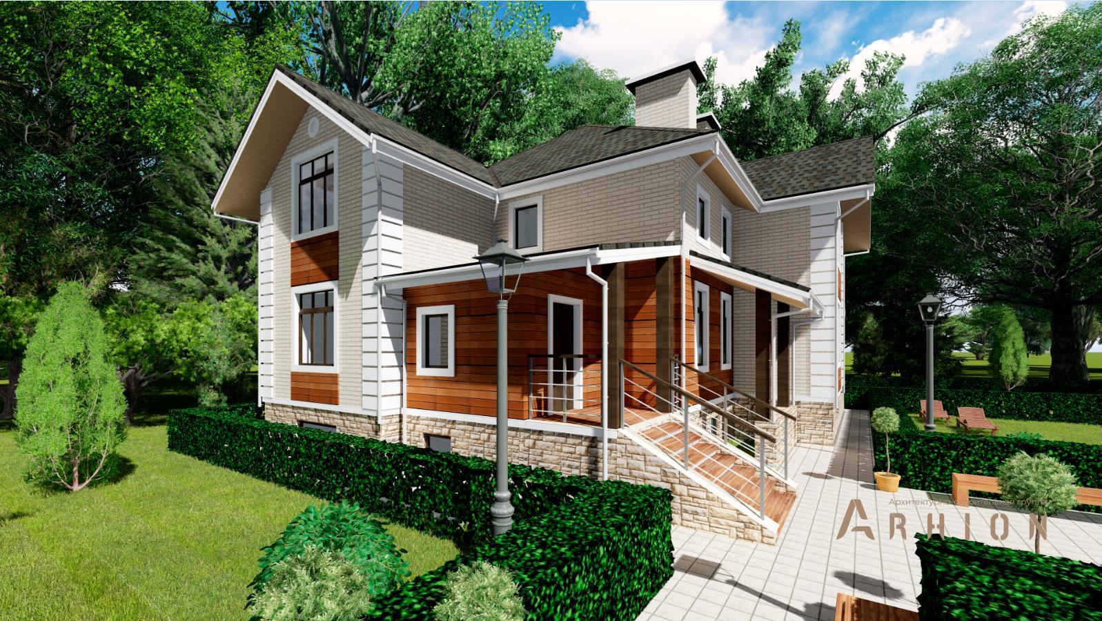 1. Проект двухэтажного дома в английском стиле с многоскатной кровлей, h-1305-2, площадью - 202 кв c терассой