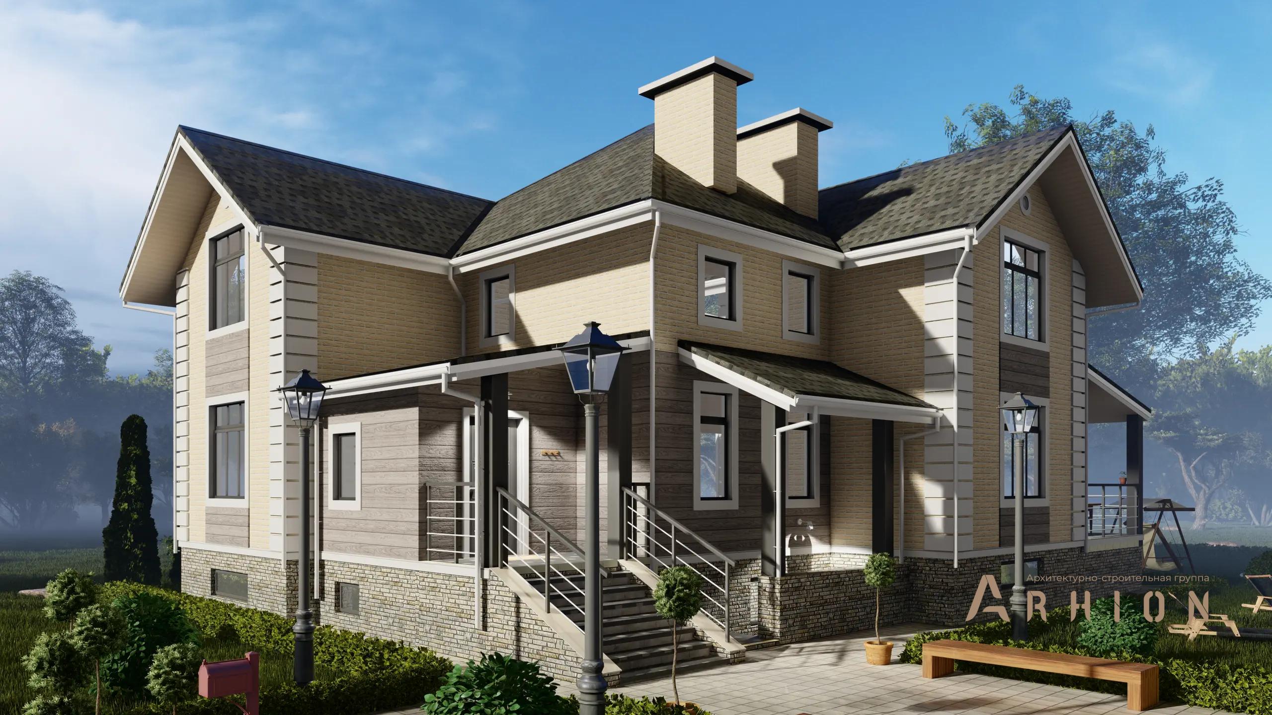 1. Проект двухэтажного дома в немецком стиле с многоскатной кровлей, H-1305, площадью - 280 кв c цокольным этажом, терассой