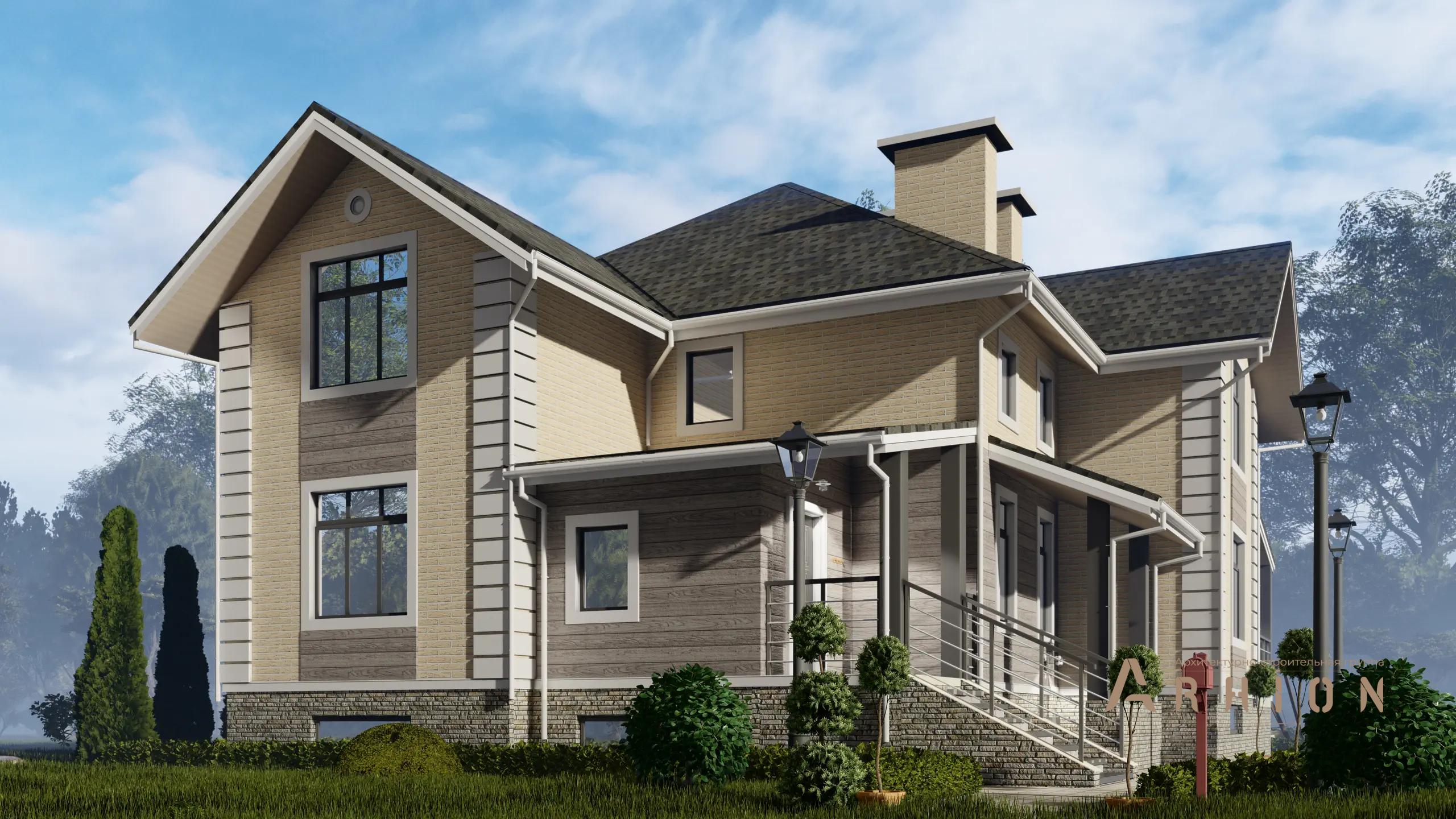 12. Проект двухэтажного дома в немецком стиле с многоскатной кровлей, H-1305, площадью - 280 кв c цокольным этажом, терассой