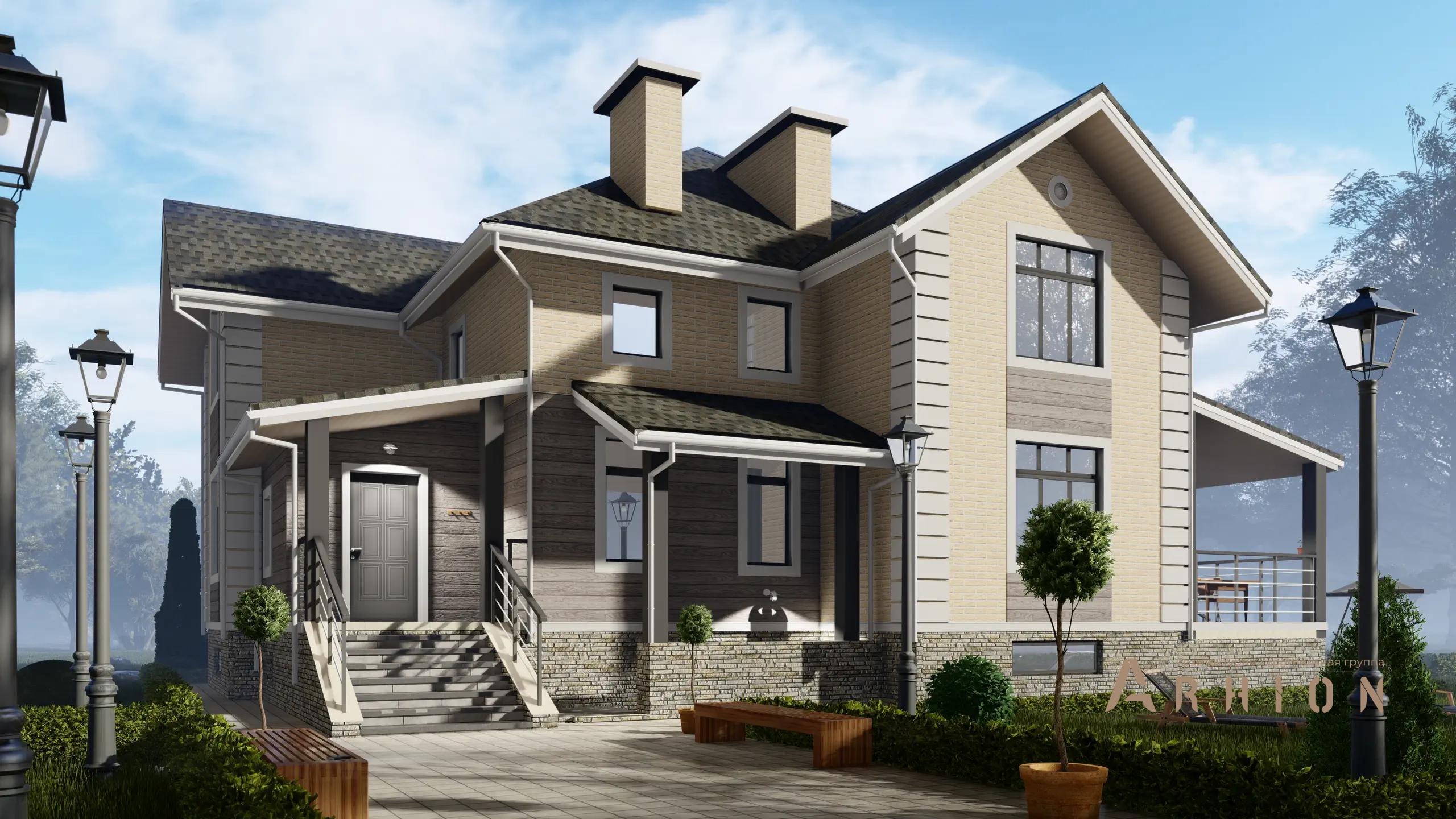 20. Проект двухэтажного дома в немецком стиле с многоскатной кровлей, H-1305, площадью - 280 кв c цокольным этажом, терассой