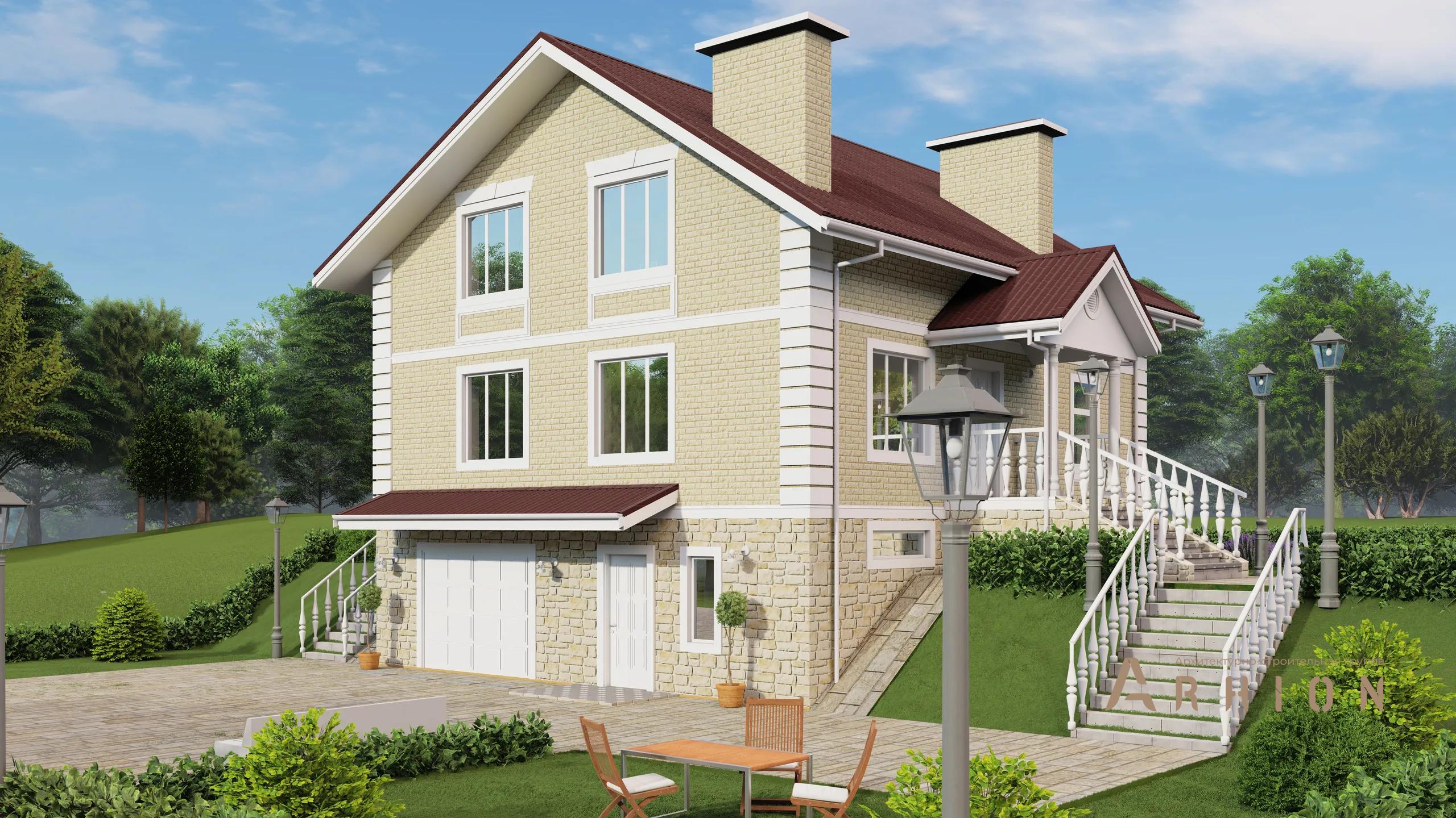 1. Проект двухэтажного дома в современном классическом стиле с двускатной кровлей, H-1306, площадью - 245 кв c цокольным этажом, мансардой, гаражом