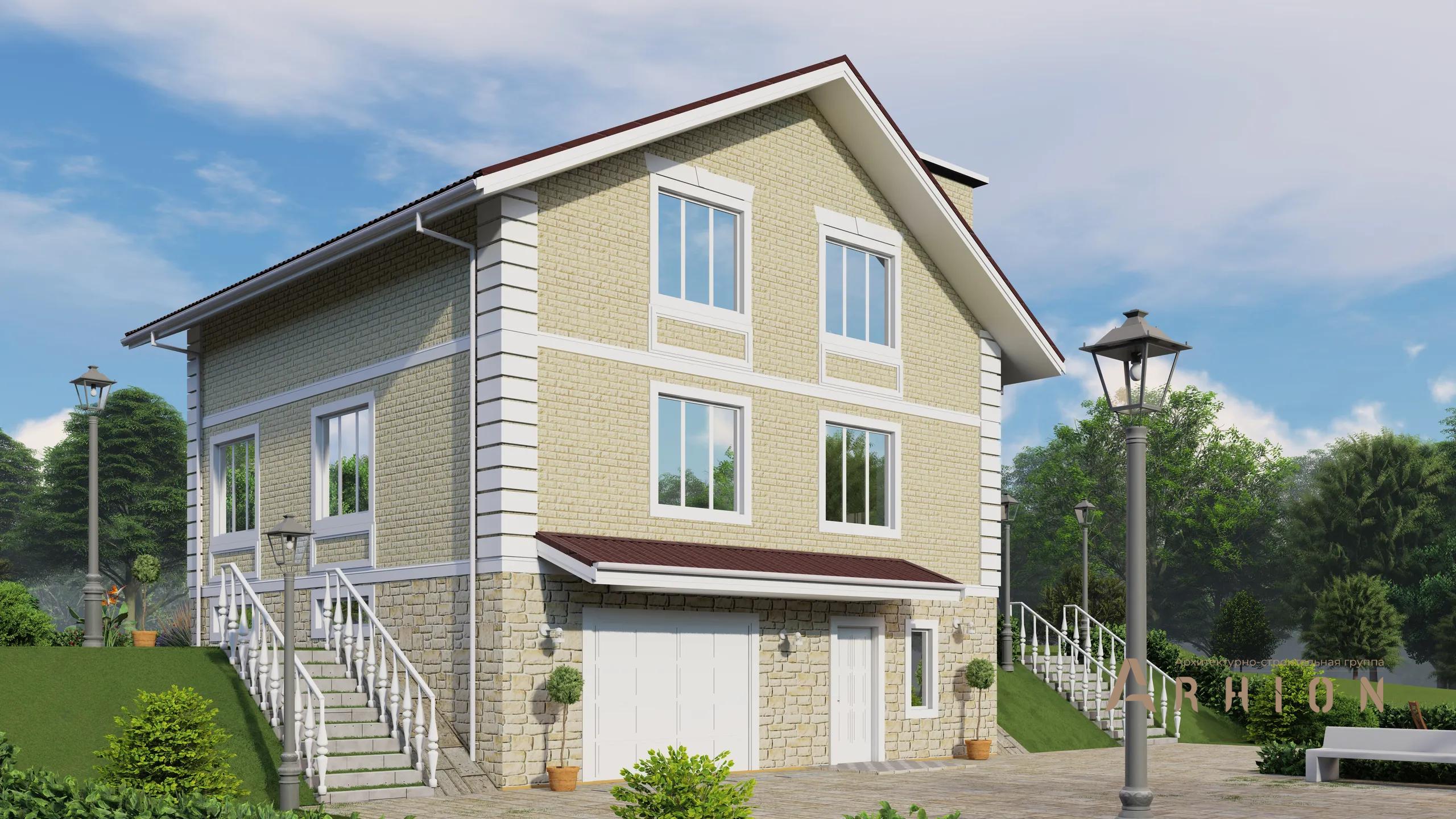 2. Проект двухэтажного дома в современном классическом стиле с двускатной кровлей, H-1306, площадью - 245 кв c цокольным этажом, мансардой, гаражом